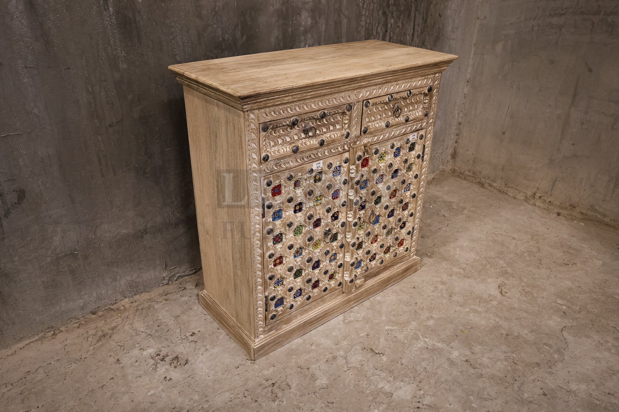 2" Tile Carved sideboard whitewashed.