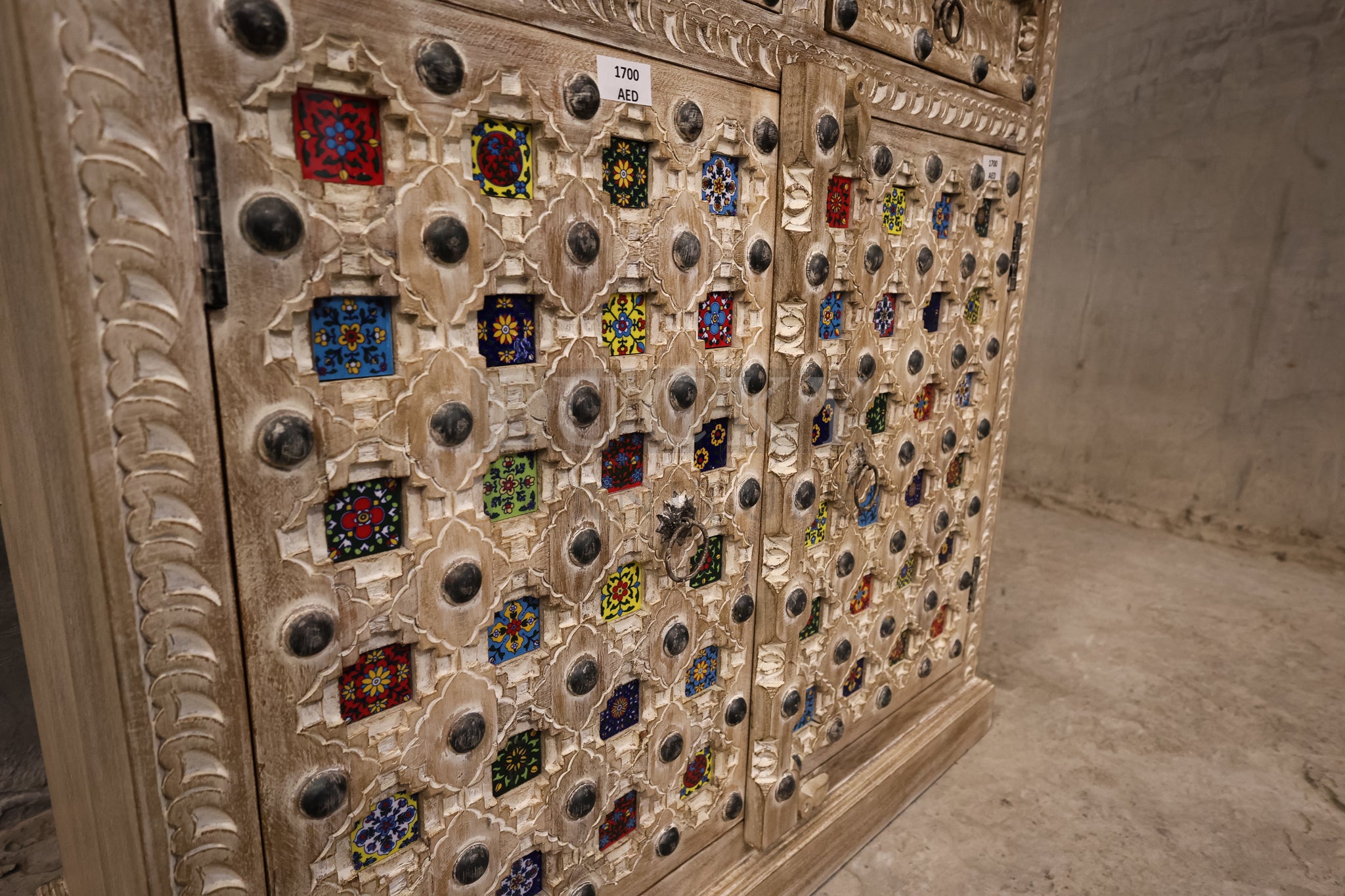2" Tile Carved sideboard whitewashed.