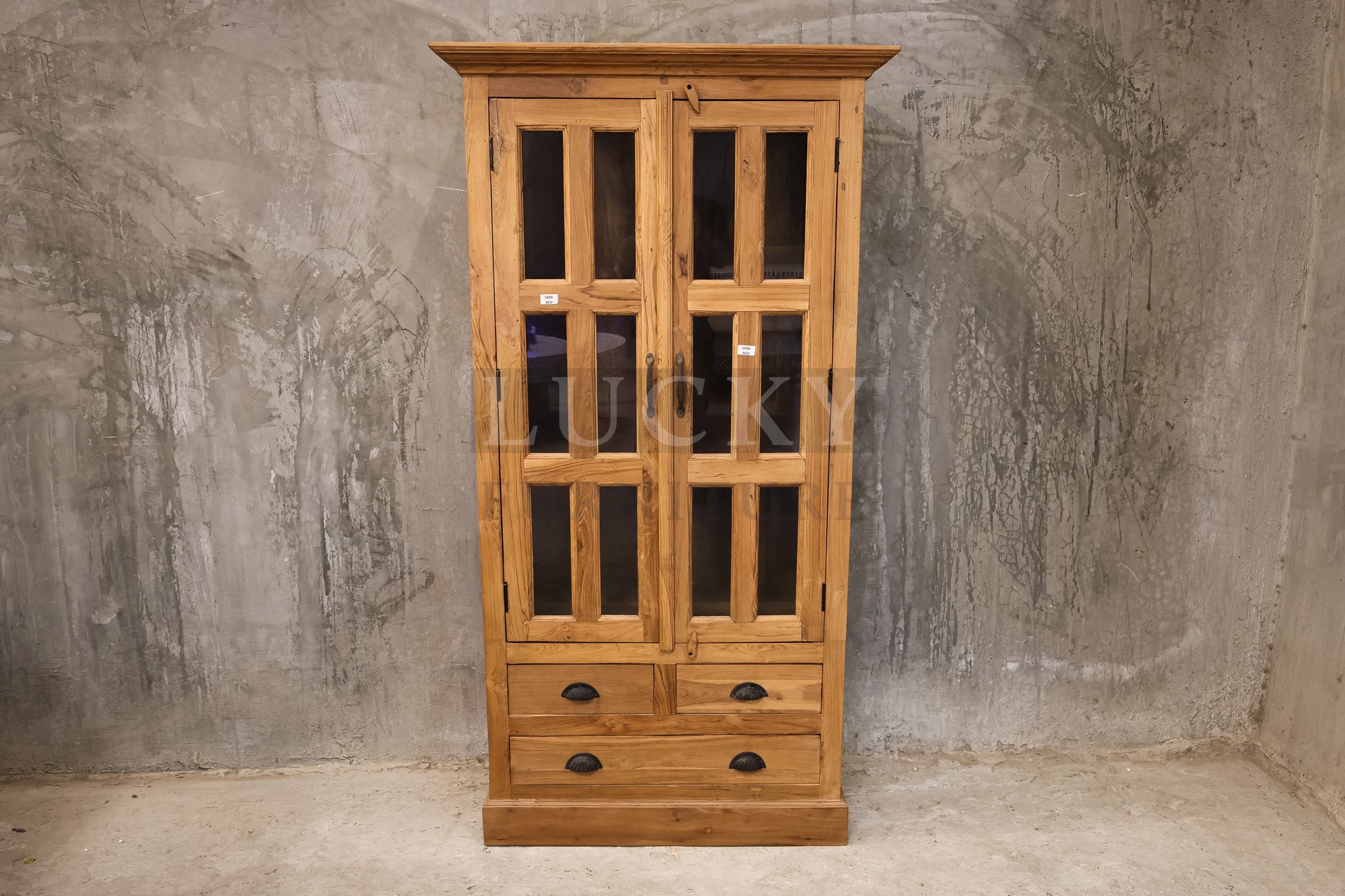 Teak wood Glass cabinet with 2 drawers.