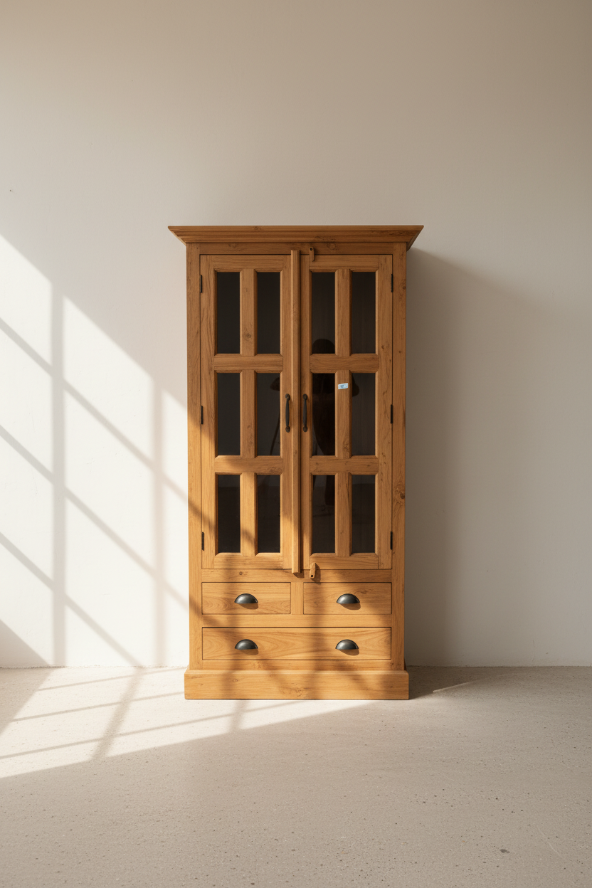 Teak wood Glass cabinet with 2 drawers.