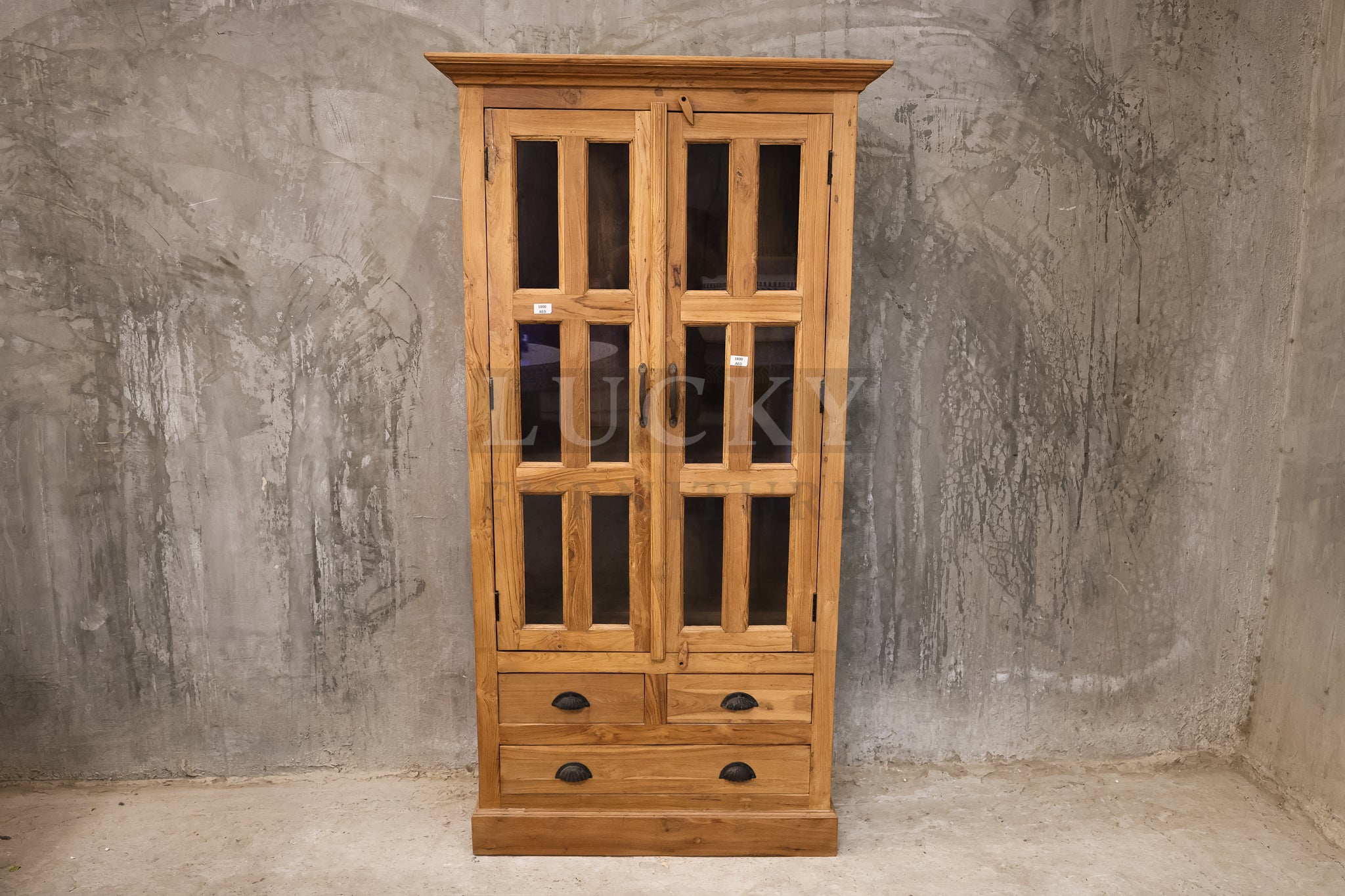 Teak wood Glass cabinet with 2 drawers.