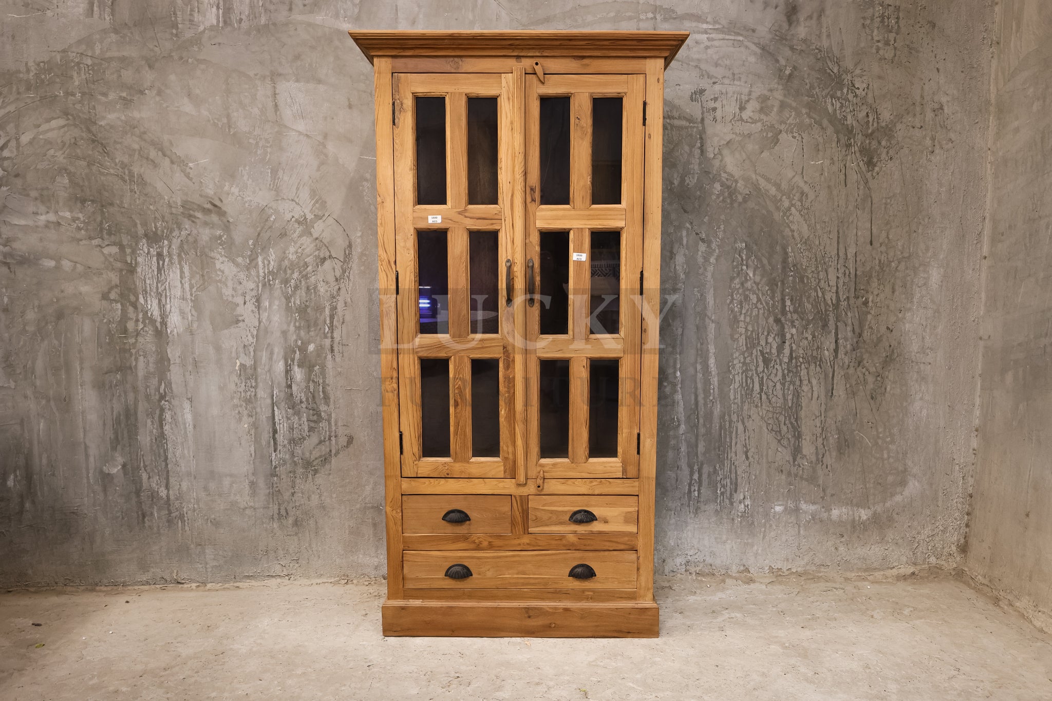 Teak wood Glass cabinet with 2 drawers.