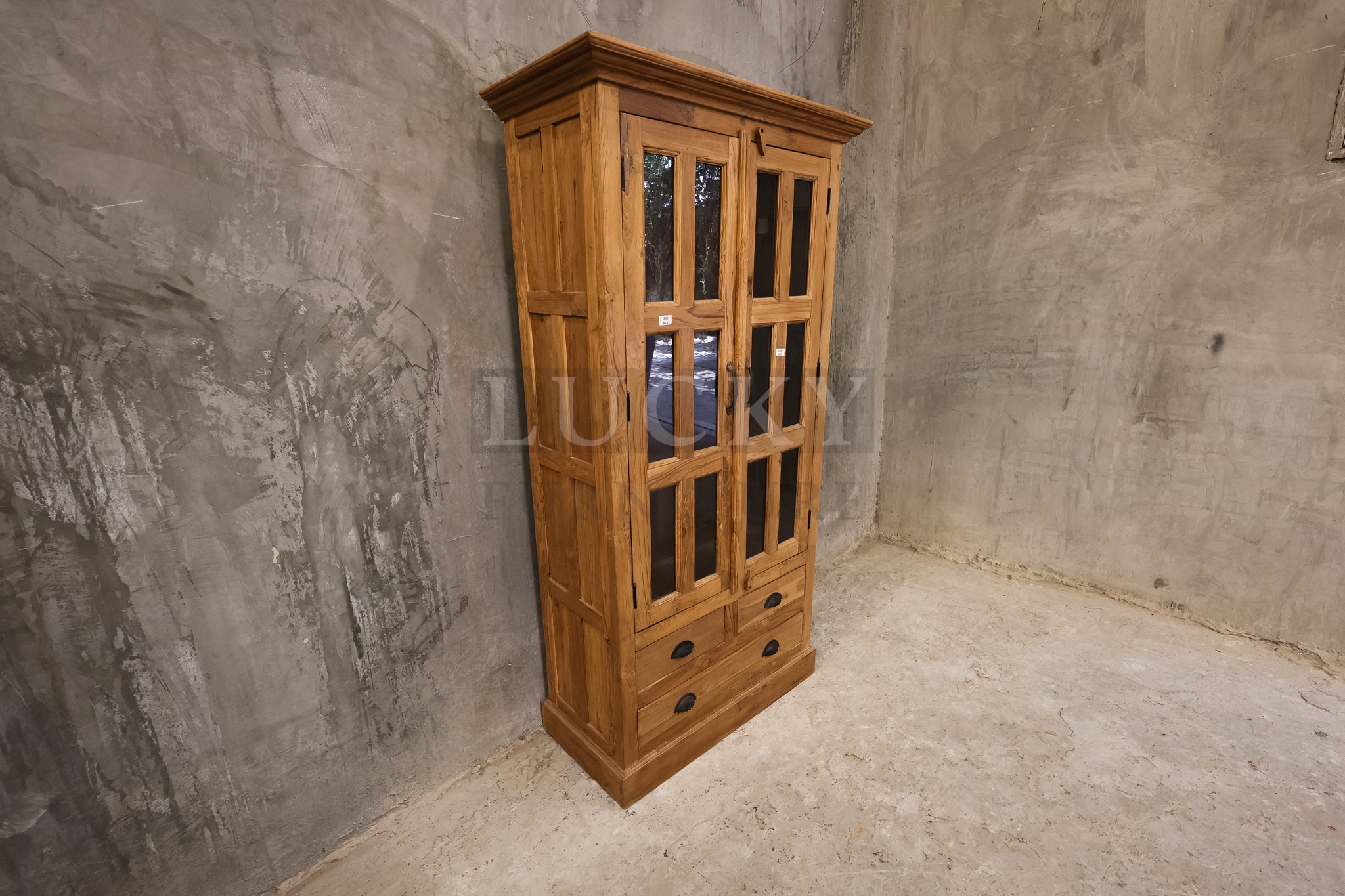 Teak wood Glass cabinet with 2 drawers.
