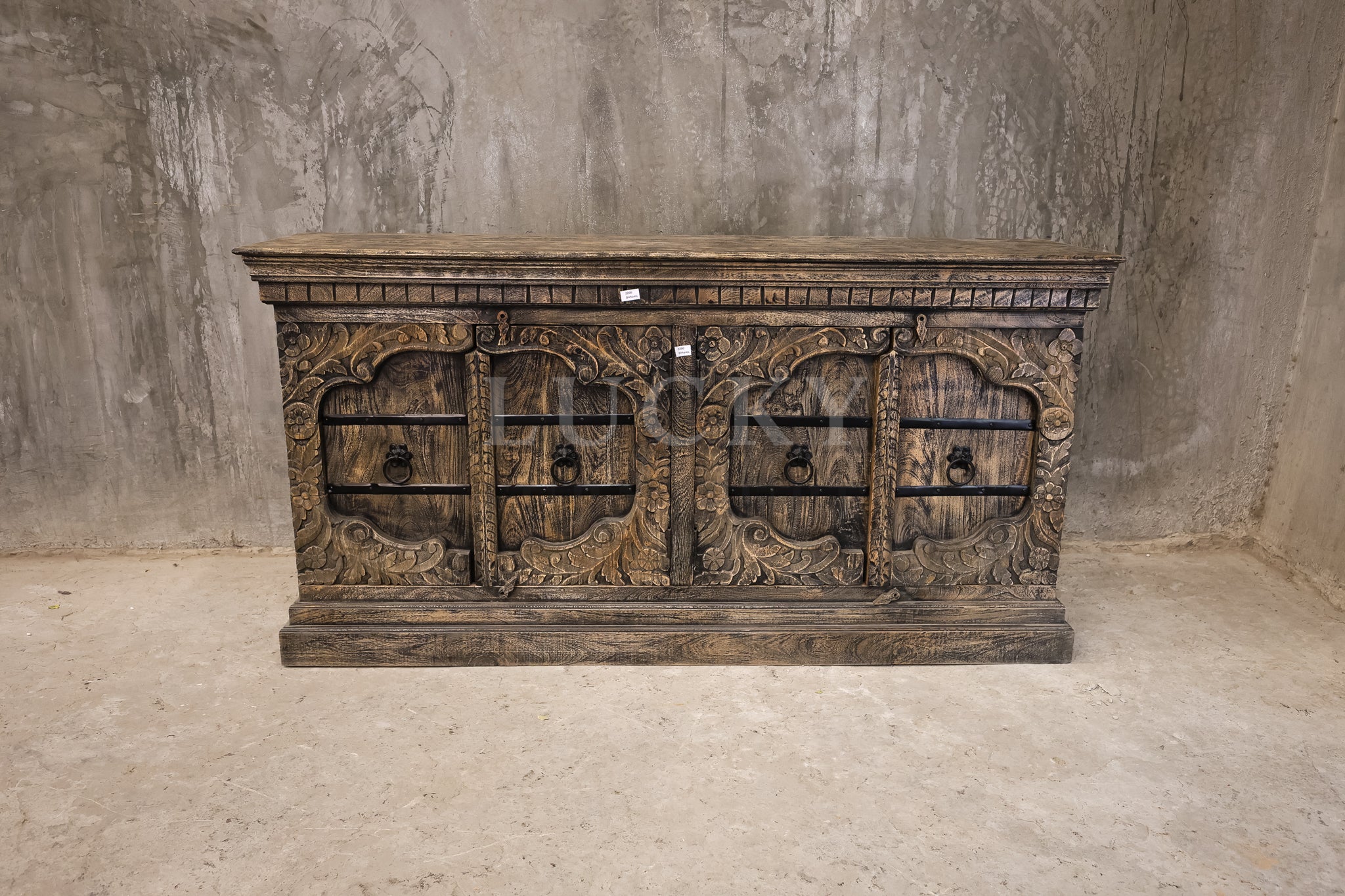 Victorian design carved grey wash sandblasted sideboard.
