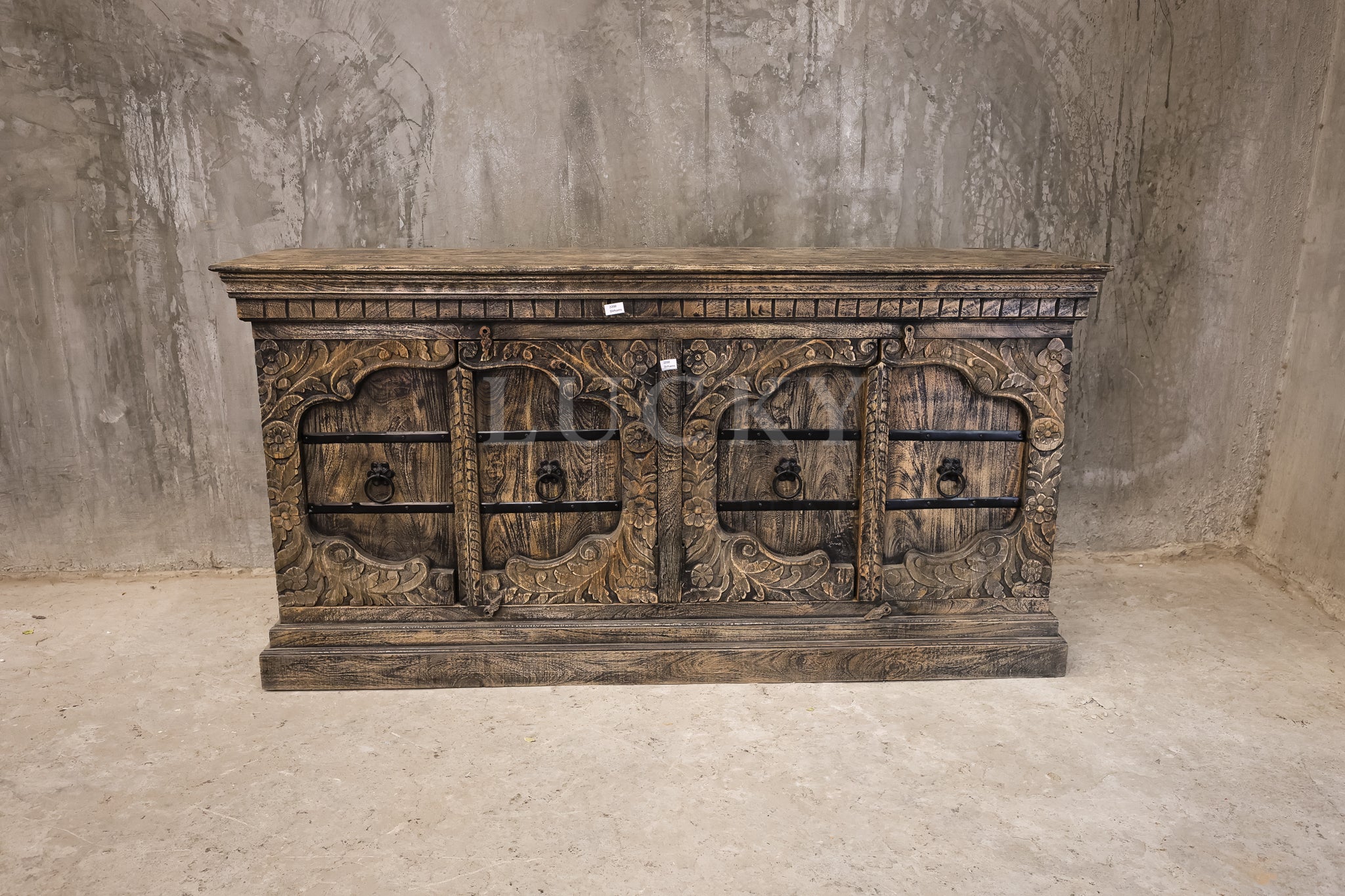 Victorian design carved grey wash sandblasted sideboard.