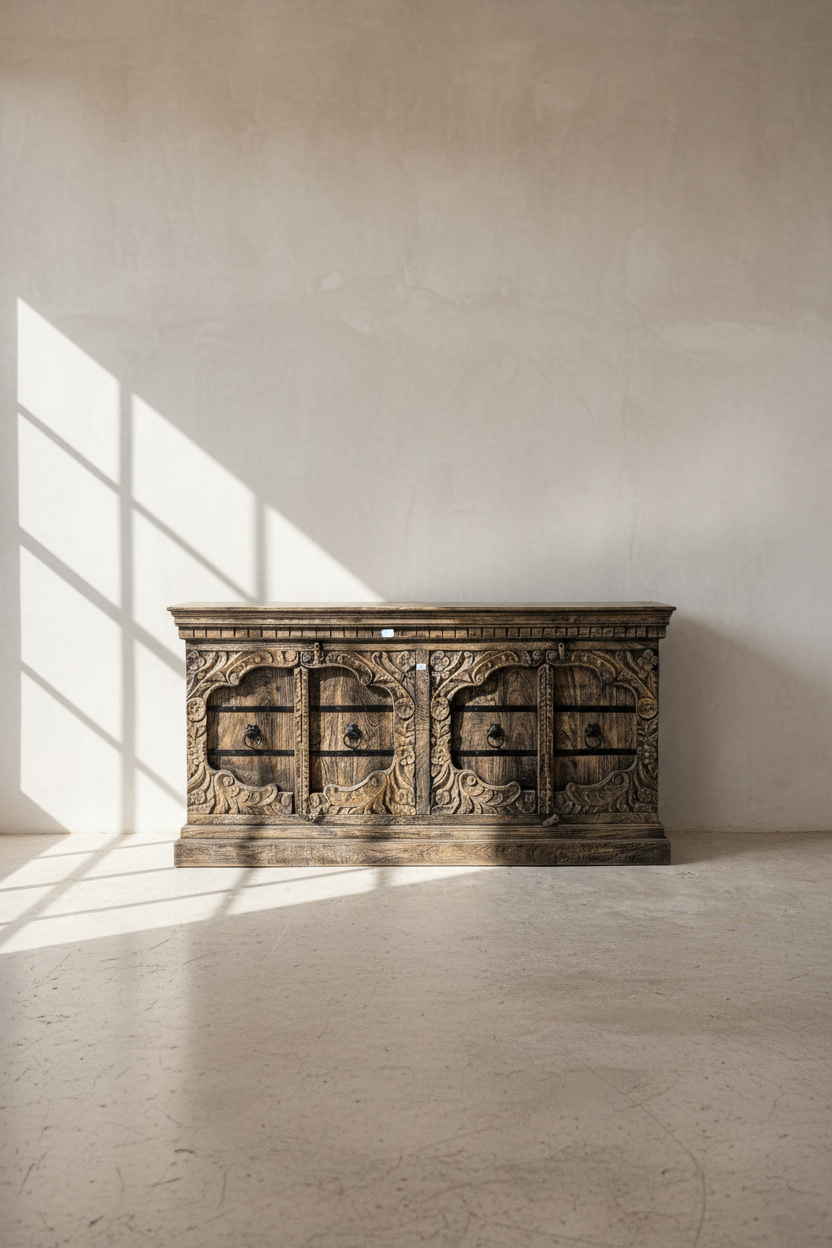 Victorian design carved grey wash sandblasted sideboard.