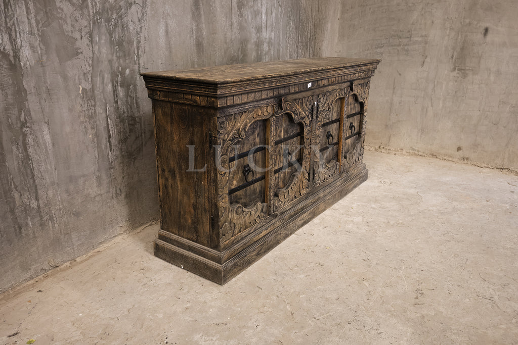 Victorian design carved grey wash sandblasted sideboard.