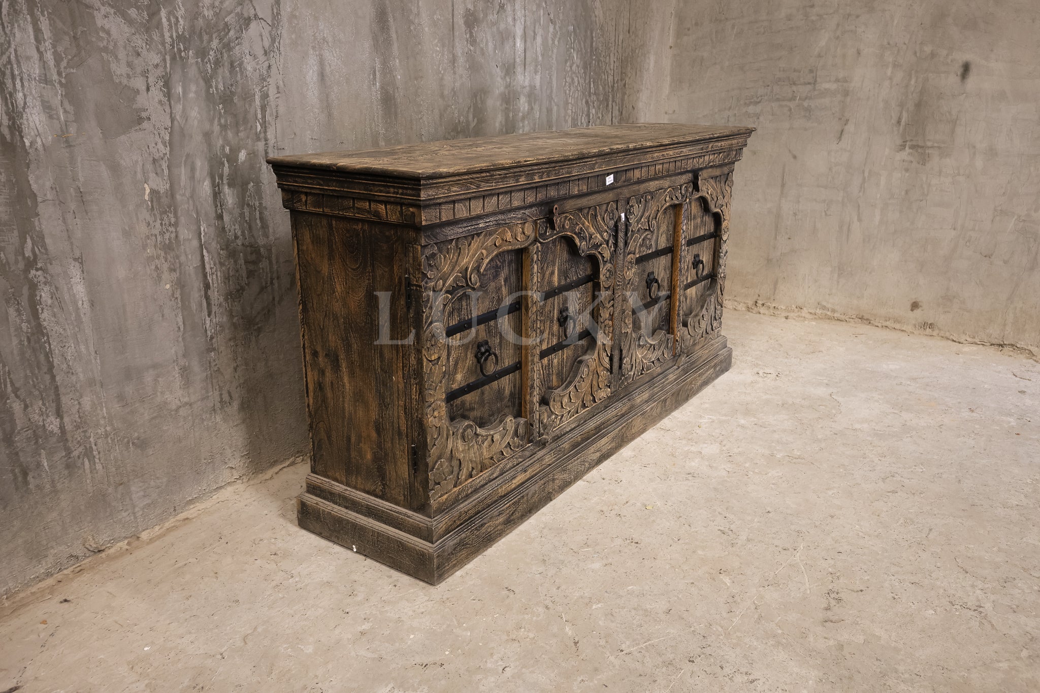 Victorian design carved grey wash sandblasted sideboard.