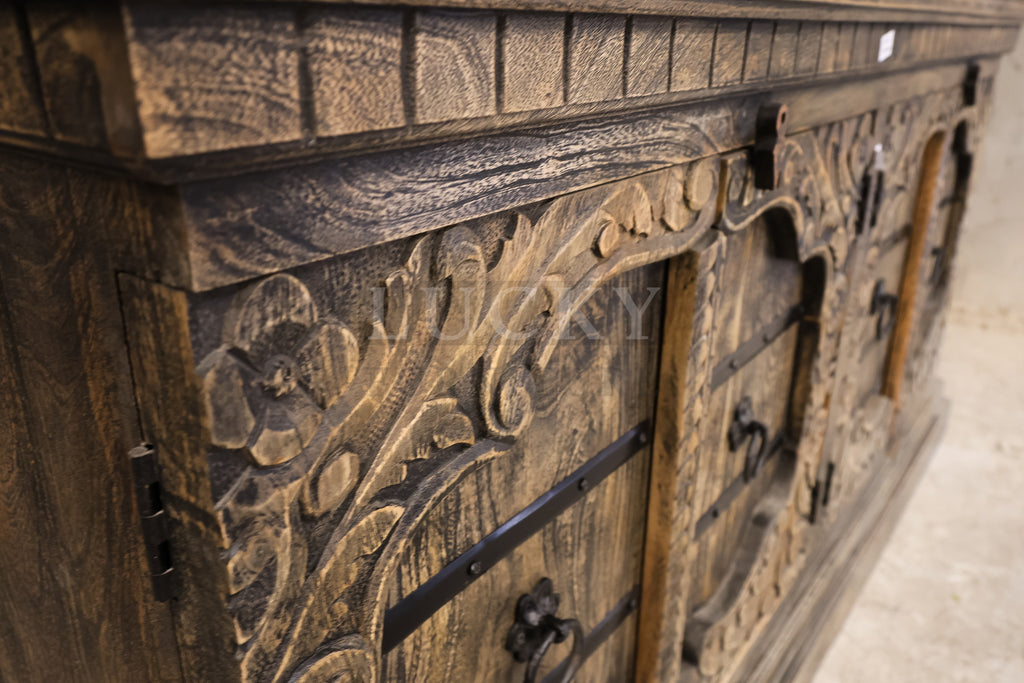 Victorian design carved grey wash sandblasted sideboard.