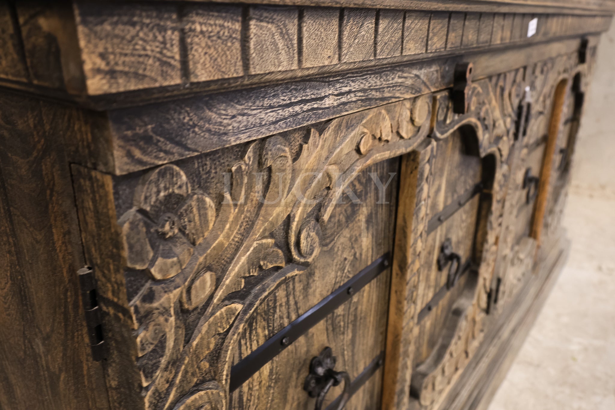 Victorian design carved grey wash sandblasted sideboard.