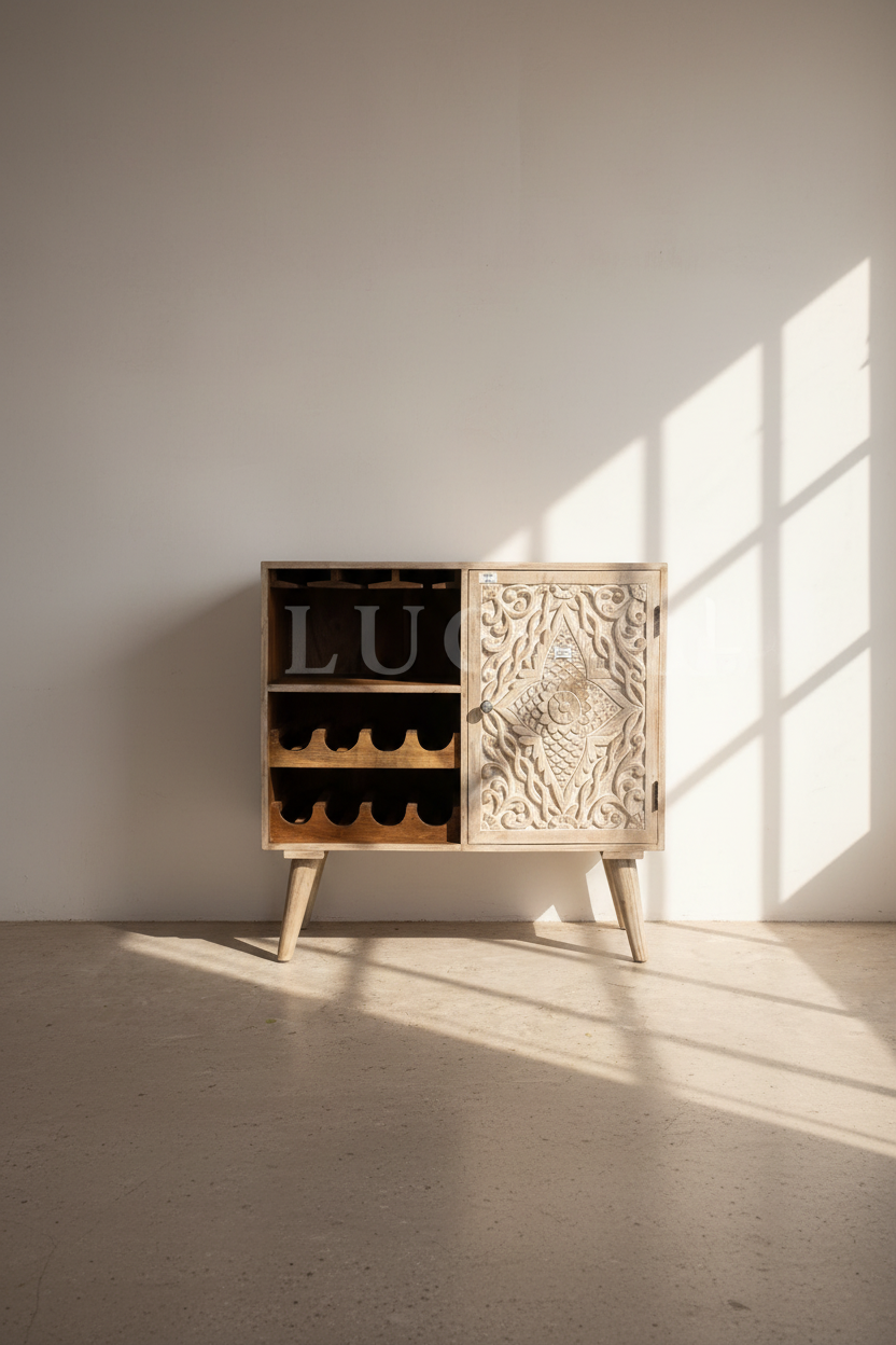 Cavred whitewashed wooden bar.