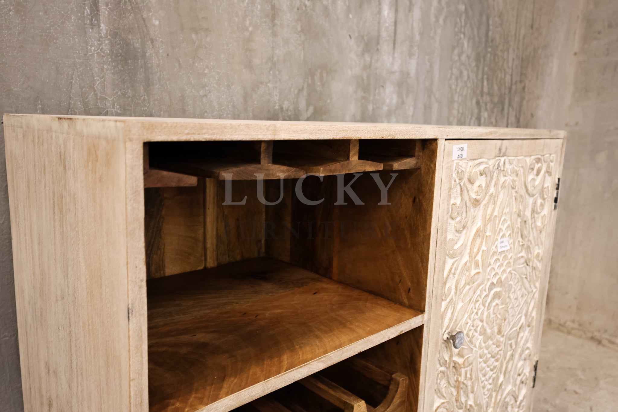 Cavred whitewashed wooden bar.