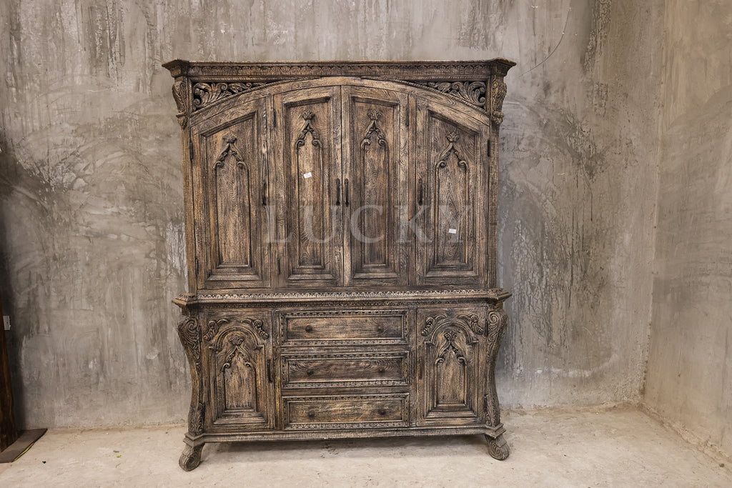 Victorian design sandblasted grey wash 2 part cabinet.