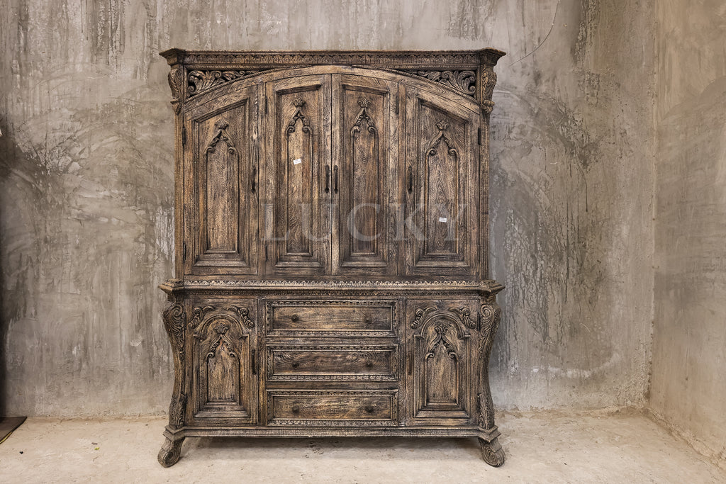Victorian design sandblasted grey wash 2 part cabinet.
