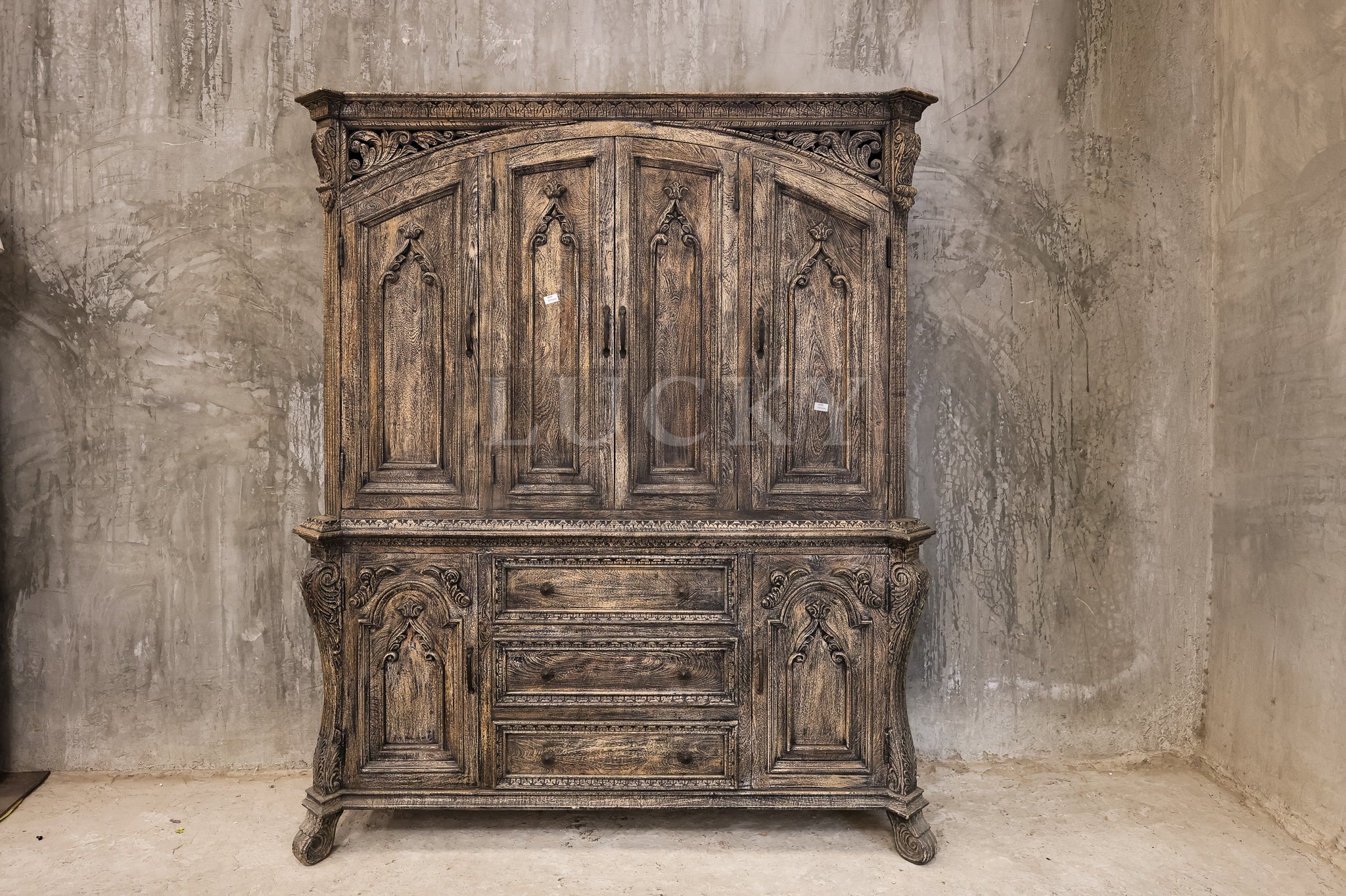 Victorian design sandblasted grey wash 2 part cabinet.
