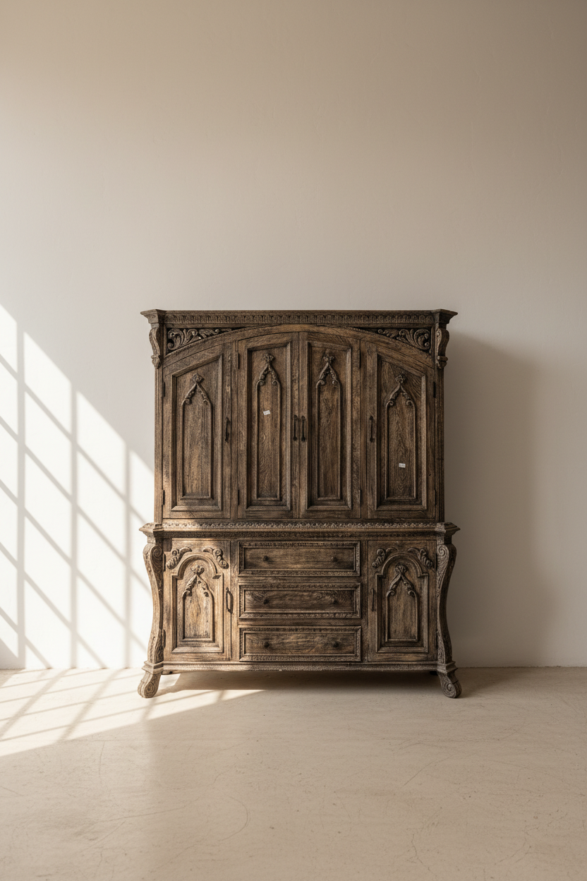 Victorian design sandblasted grey wash 2 part cabinet.