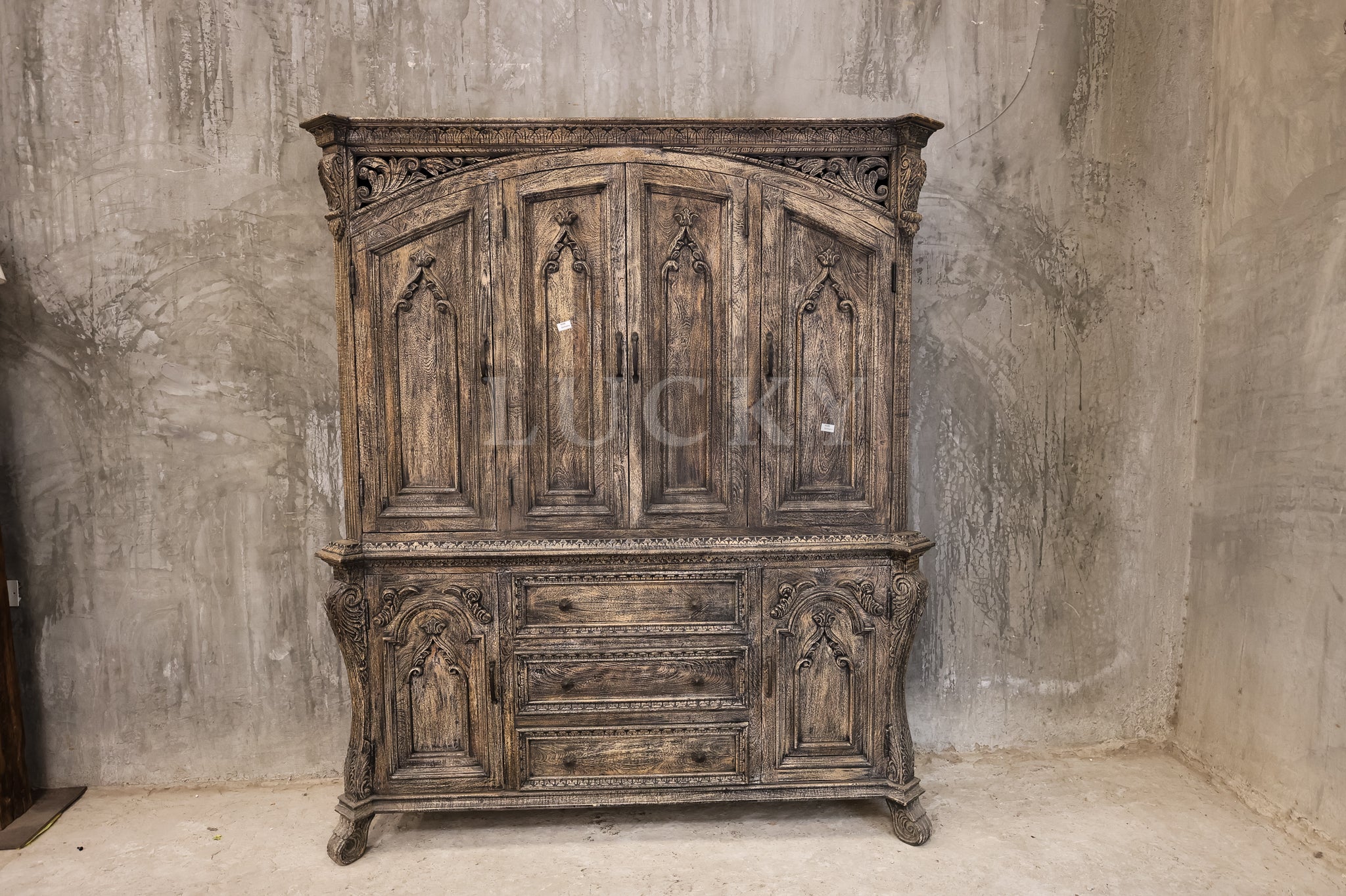 Victorian design sandblasted grey wash 2 part cabinet.