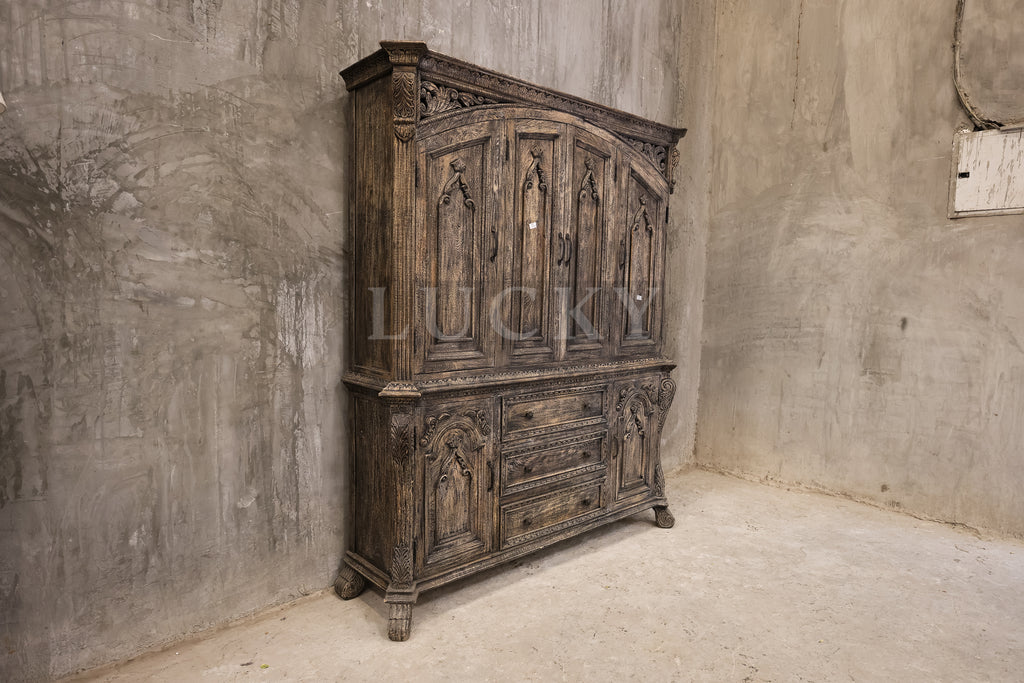 Victorian design sandblasted grey wash 2 part cabinet.