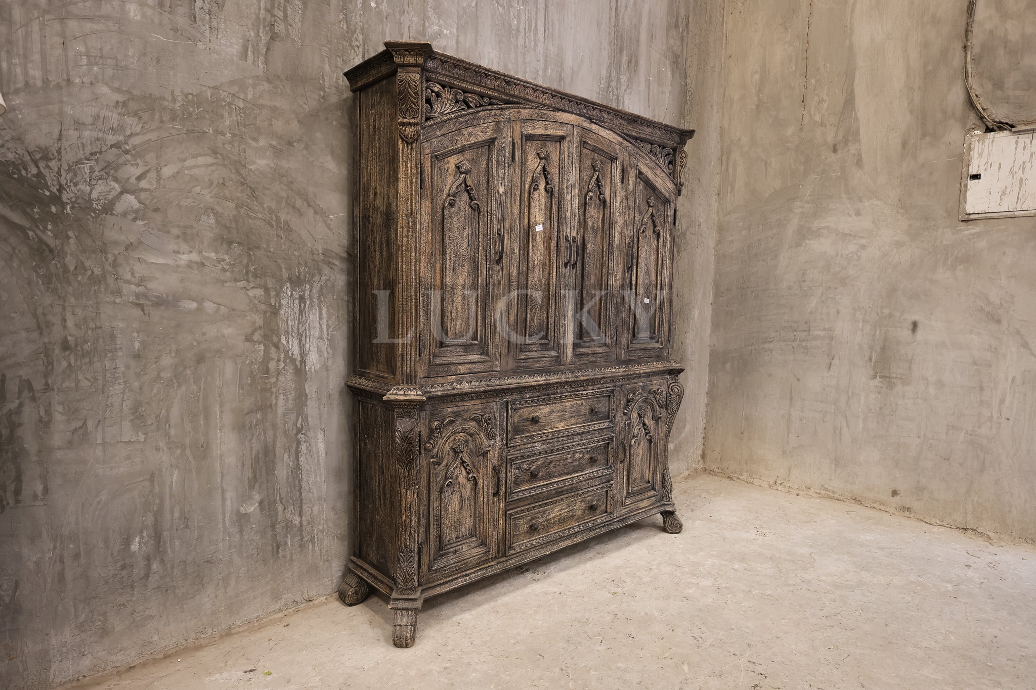 Victorian design sandblasted grey wash 2 part cabinet.