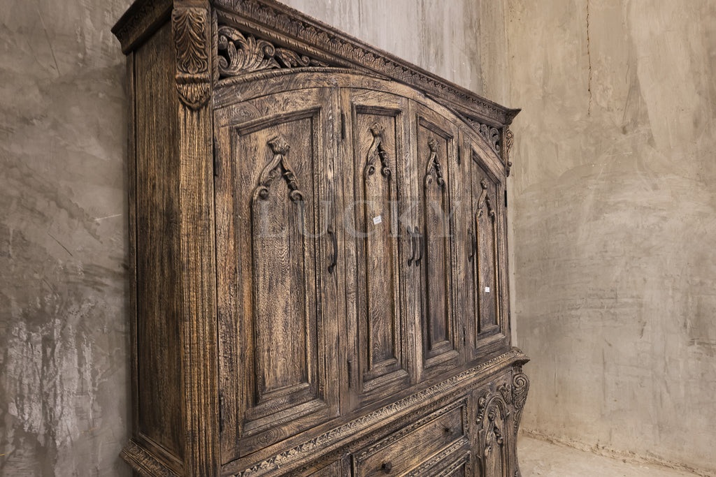 Victorian design sandblasted grey wash 2 part cabinet.