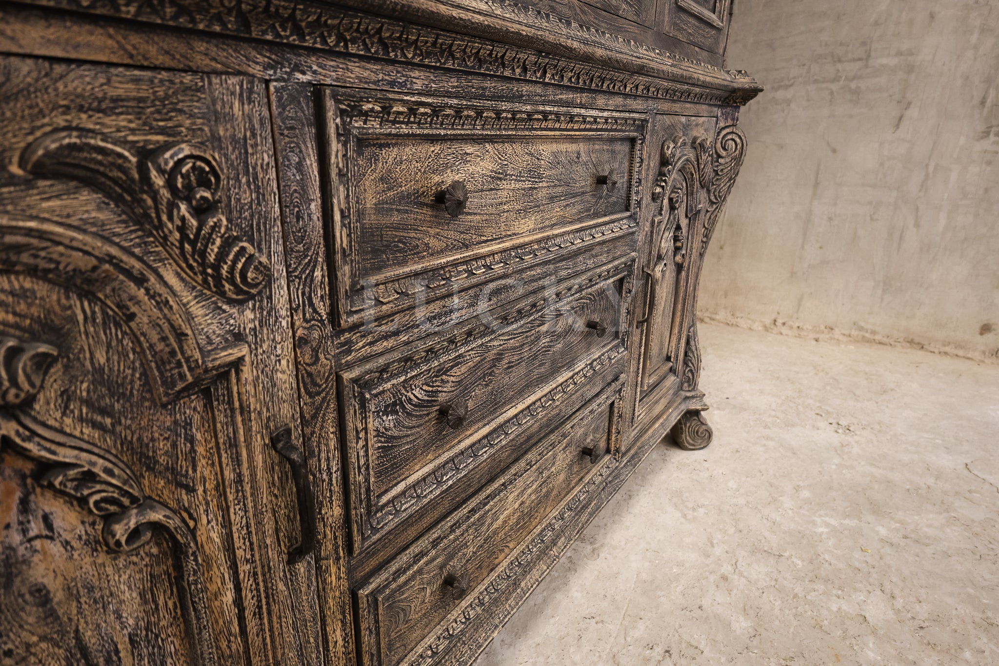 Victorian design sandblasted grey wash 2 part cabinet.