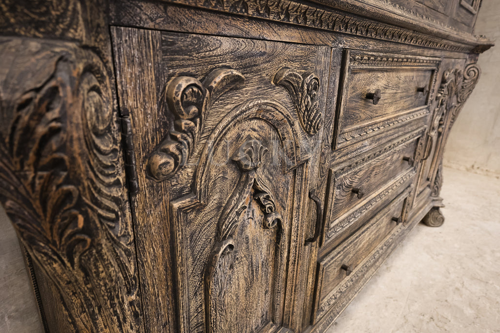 Victorian design sandblasted grey wash 2 part cabinet.