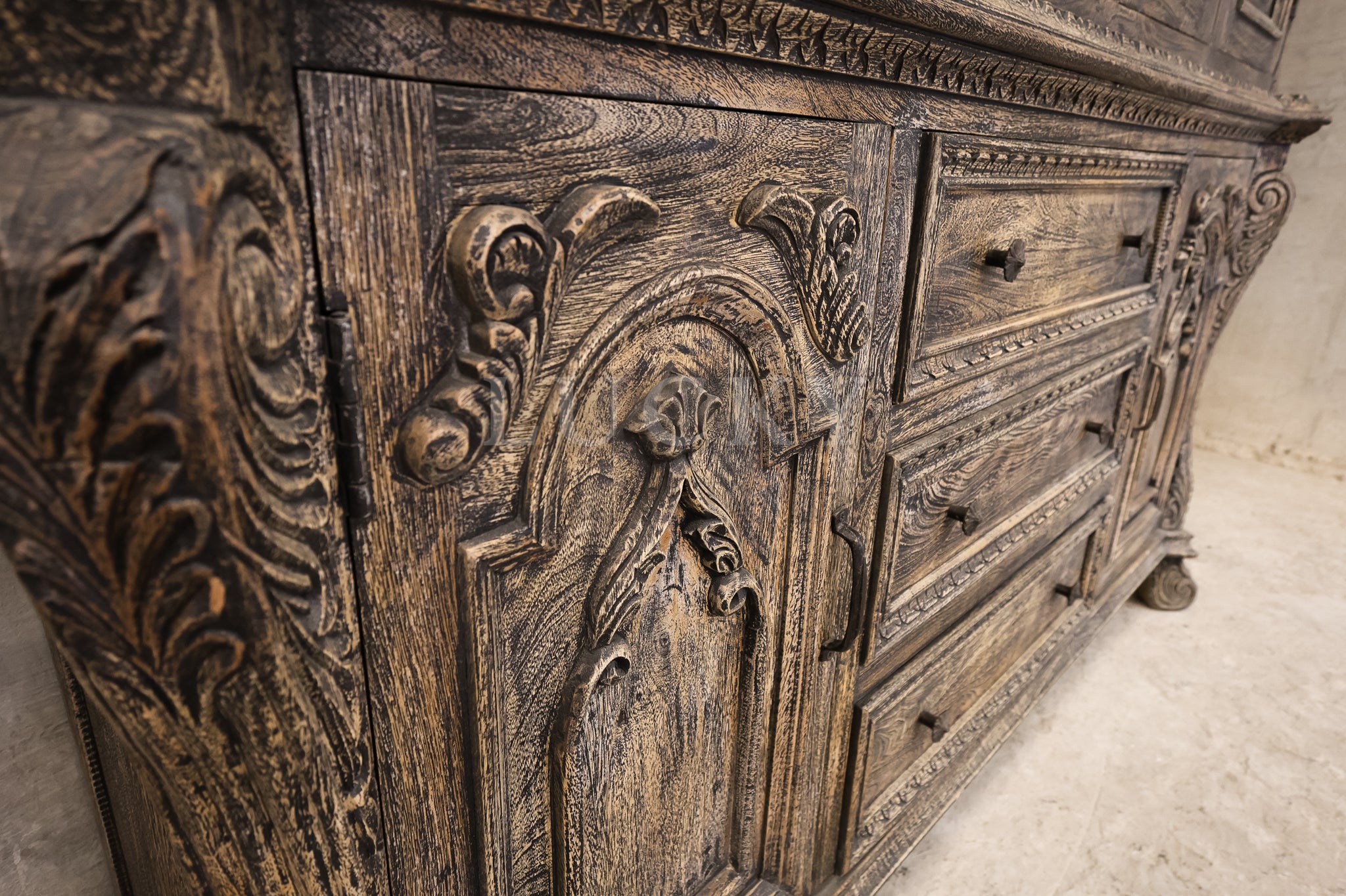 Victorian design sandblasted grey wash 2 part cabinet.
