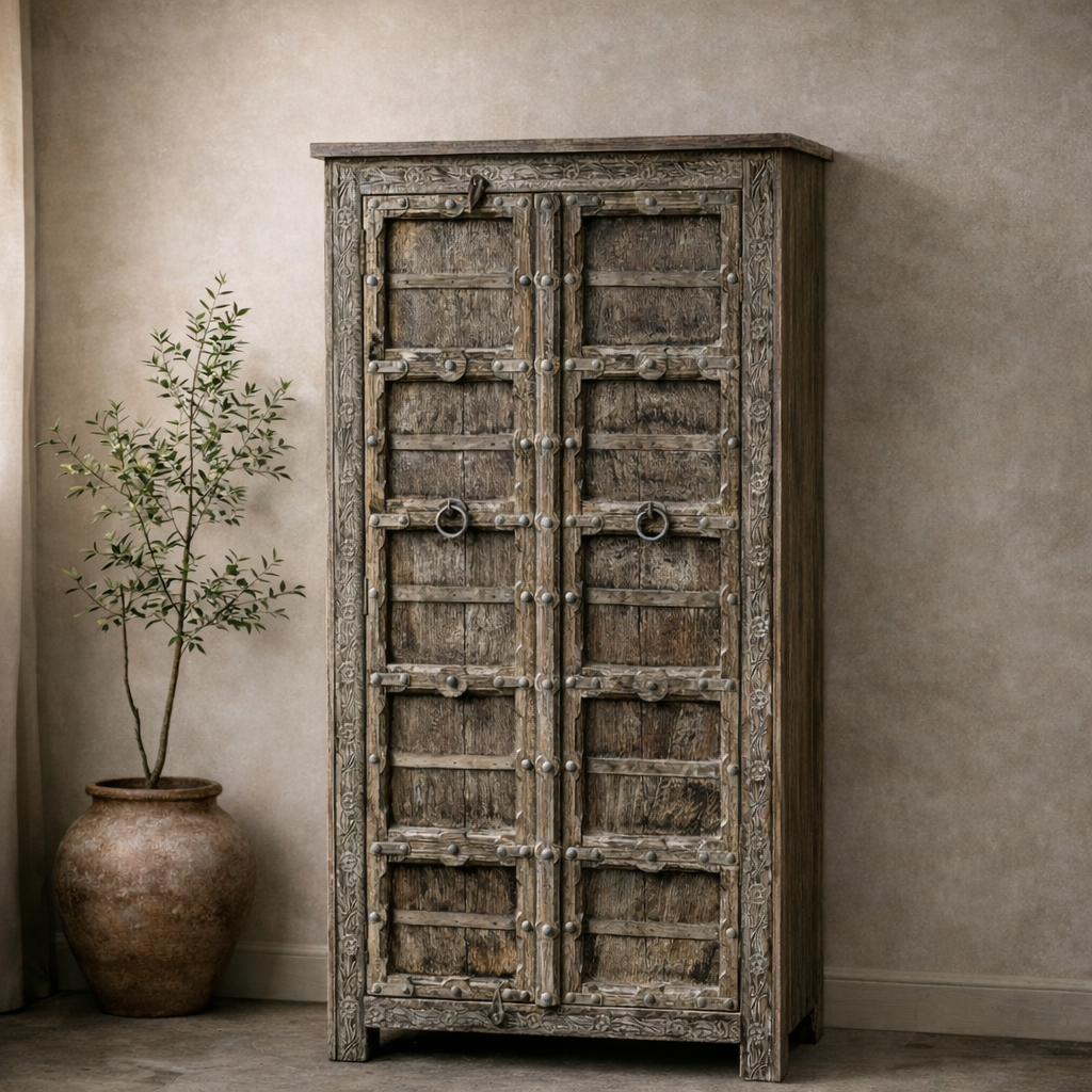 Carved Grey wash cabinet
