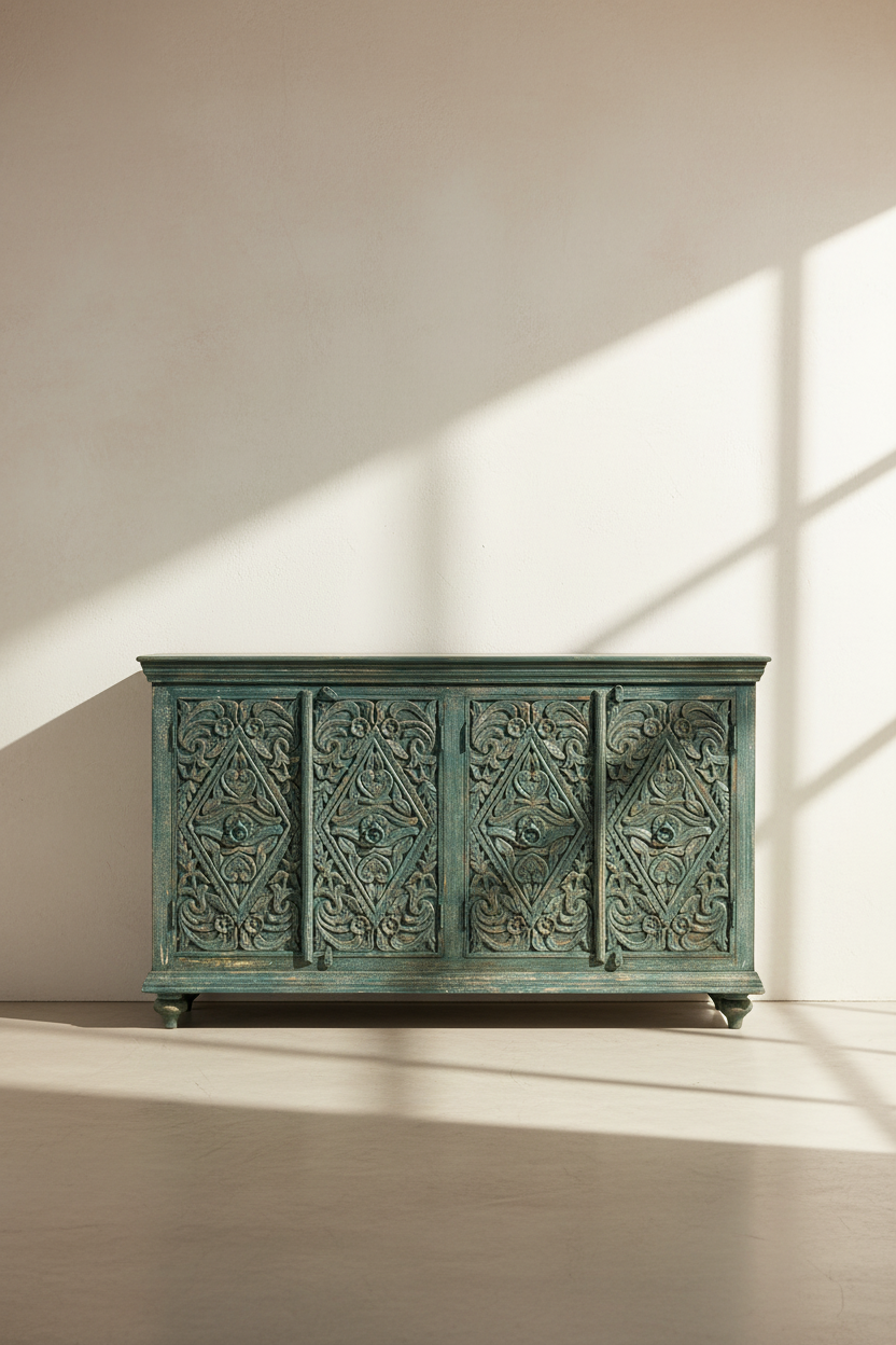 An ornate carved wooden sideboard cabinet in a distressed teal-green finish, set against a minimalist beige wall with soft window shadow patterns.