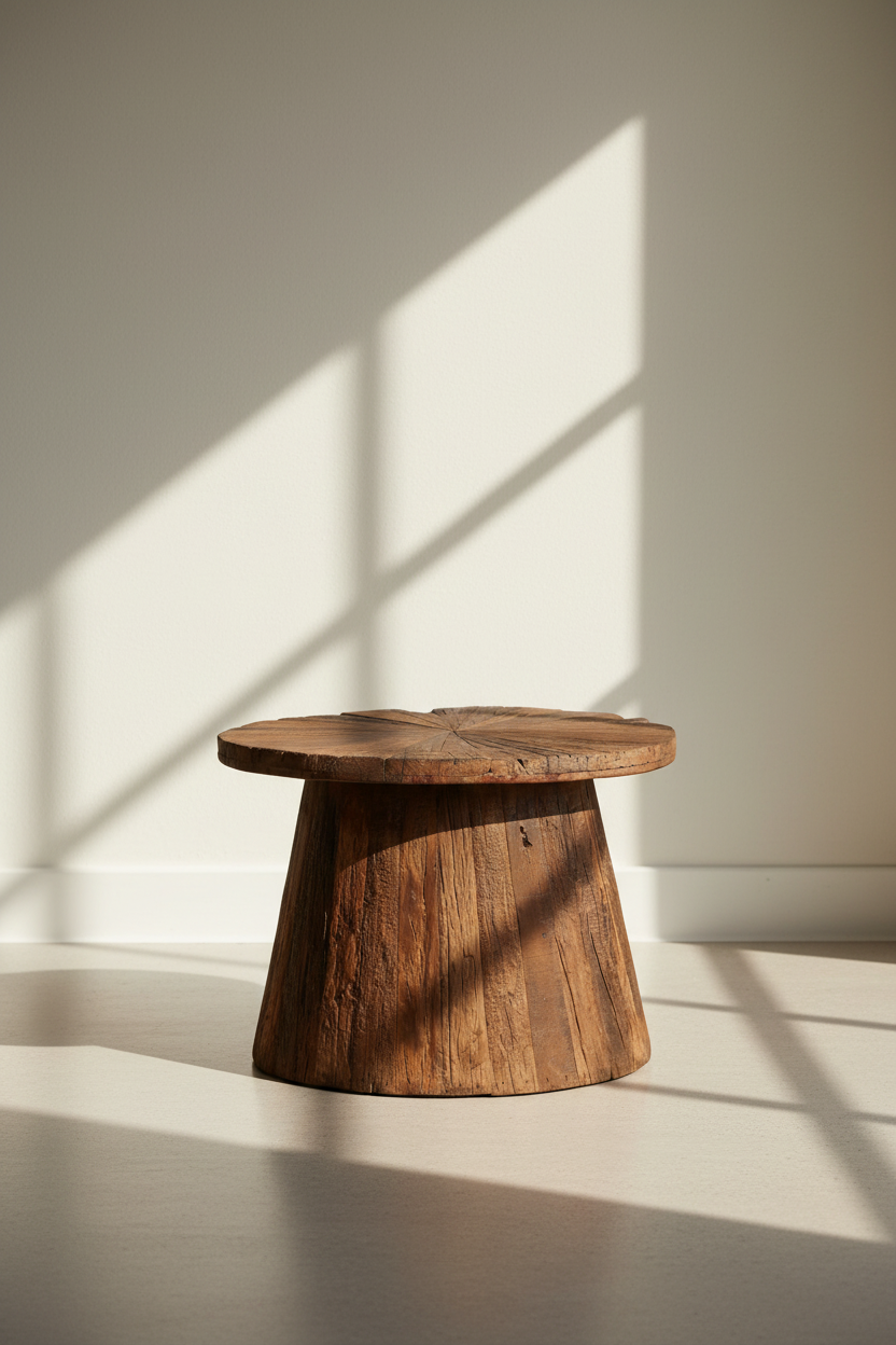 A rustic wooden stool with a round top and tapered base, placed in a minimalist room with warm sunlight casting diagonal shadows on a cream wall and floor.