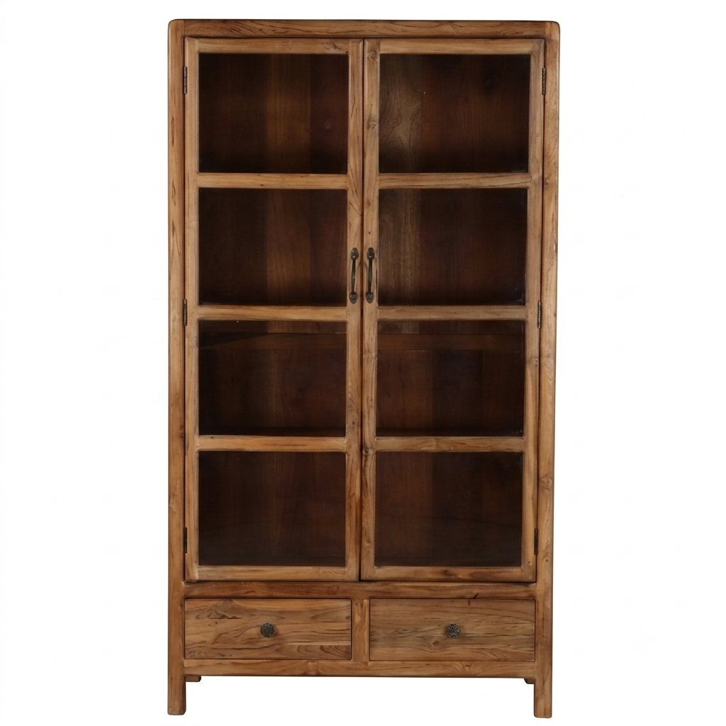 Teak 2-Door Glass Display Cabinet with Drawer.