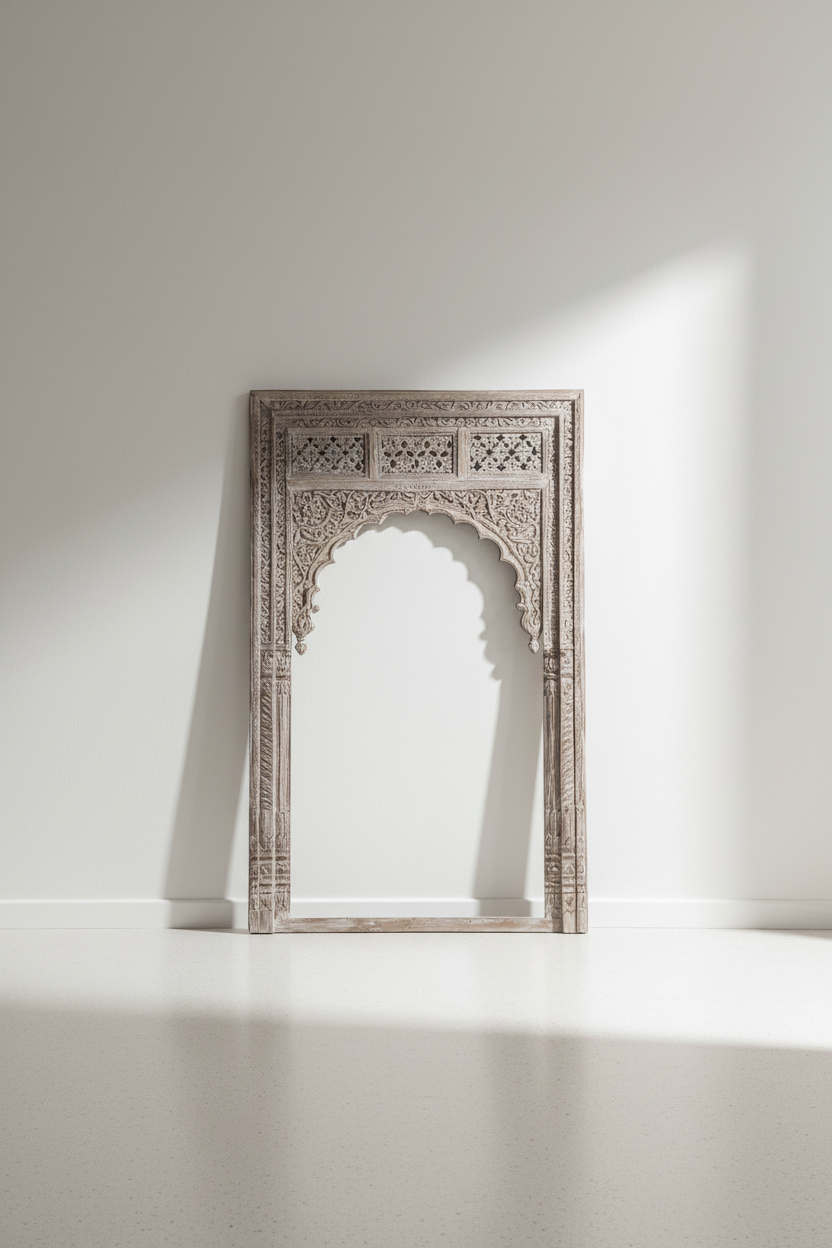 An ornate, rectangular Moroccan-style carved wooden arch frame in a weathered light gray finish, leaning against a minimalist white wall with soft sunlight casting a shadow.