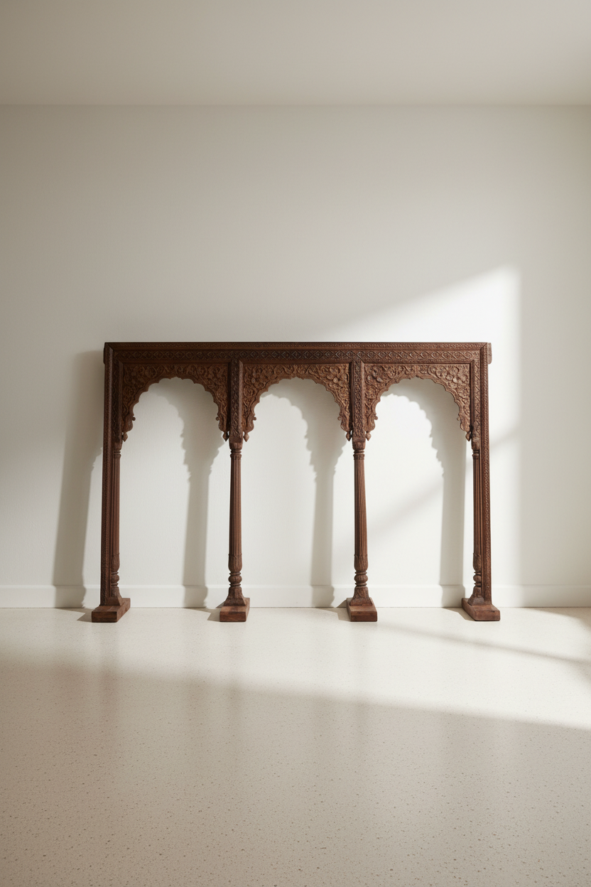 An ornate dark brown wooden console table with three arched supports and carved details, set against a minimalist off-white wall and floor with soft sunlight casting shadows.