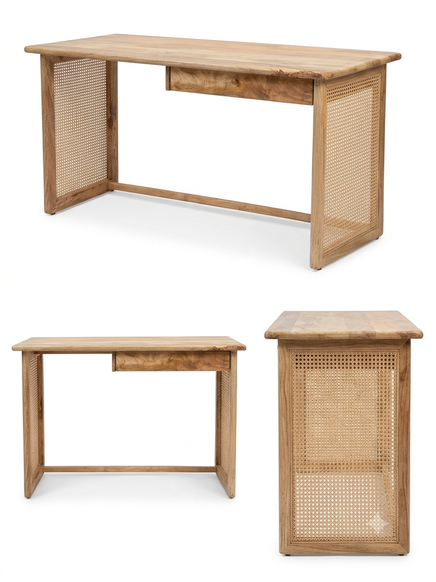 Mango wood desk with rattan webbing.