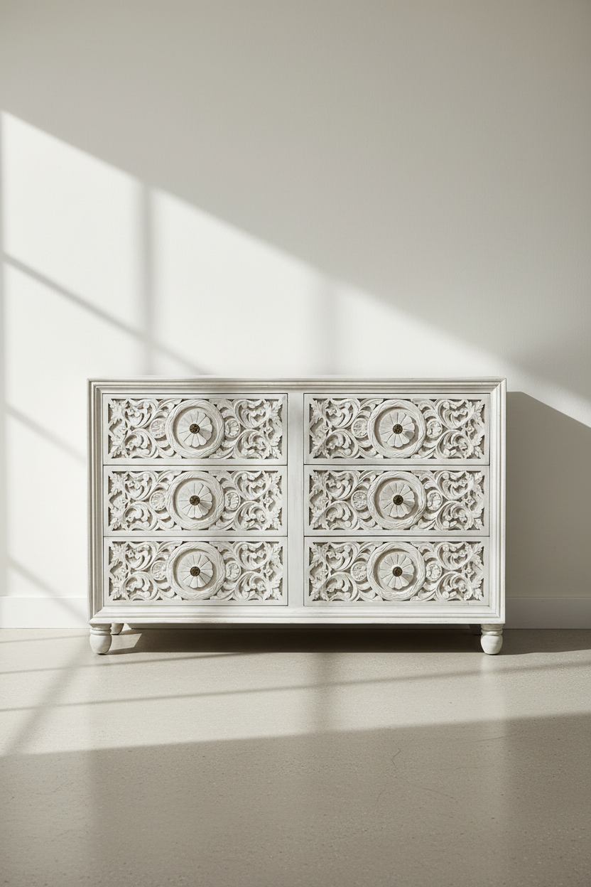 A white carved wooden chest of drawers with six ornate doors, set against a minimalist wall with soft window shadows.
