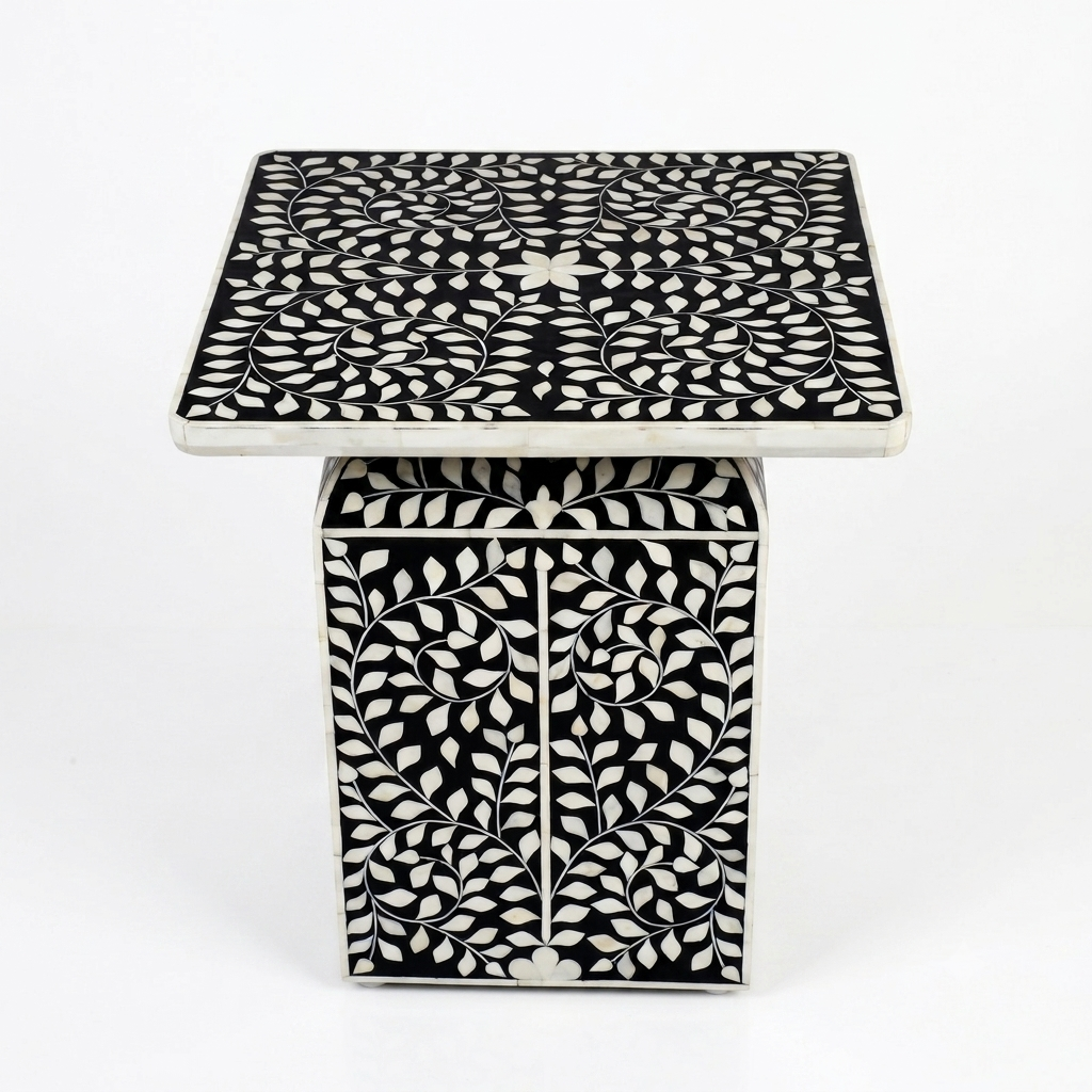 Floral Vine Bone Inlay Square Side Table.
