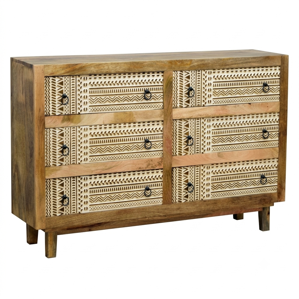 Boho Carved Wood Double Dresser