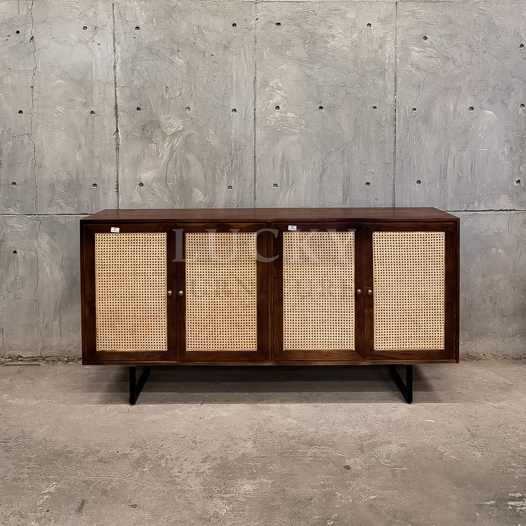 Teak wood rattan sideboard