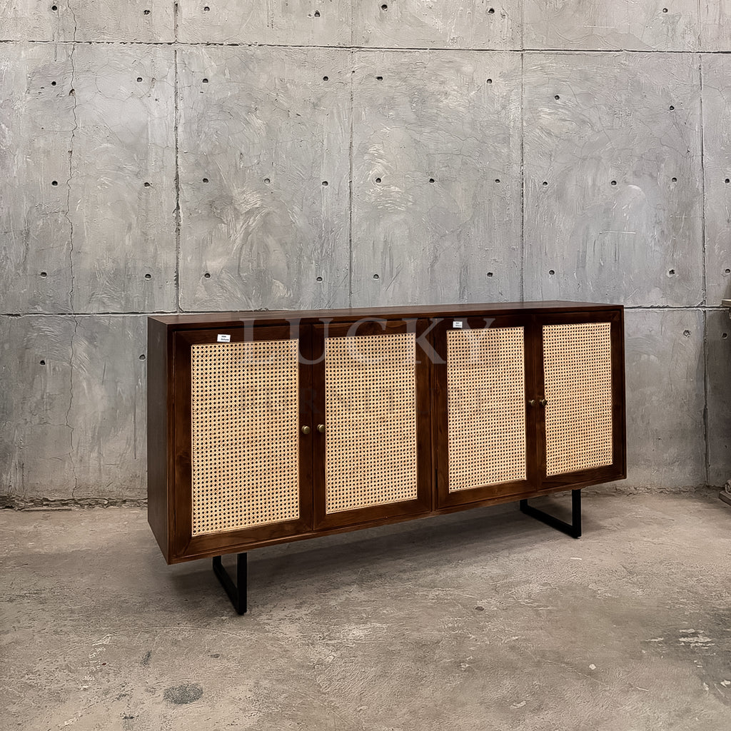 Teak wood rattan sideboard