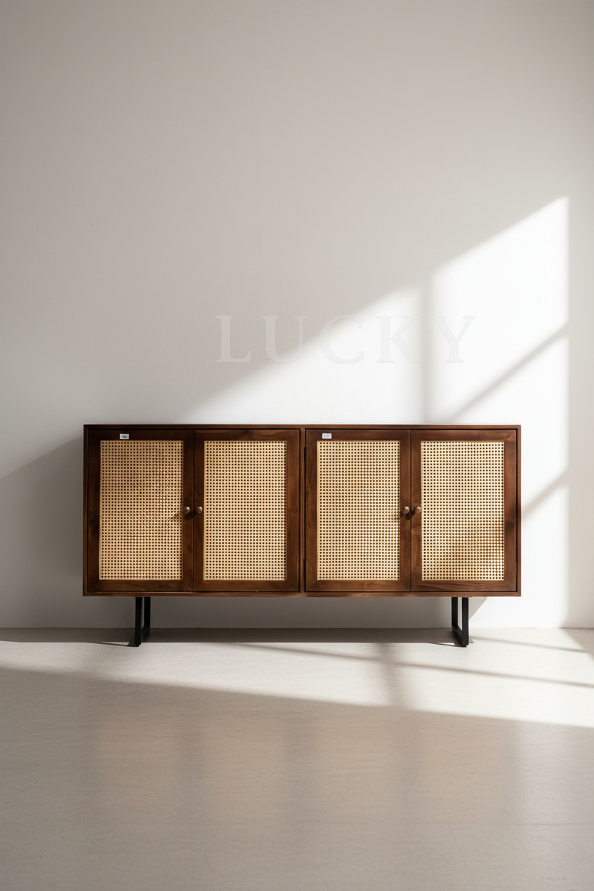 Teak wood rattan sideboard