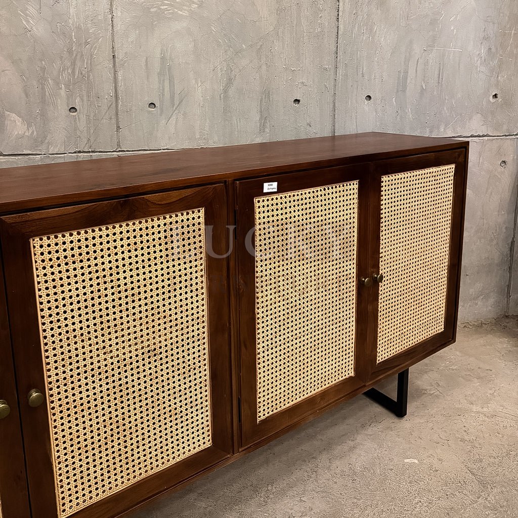 Teak wood rattan sideboard