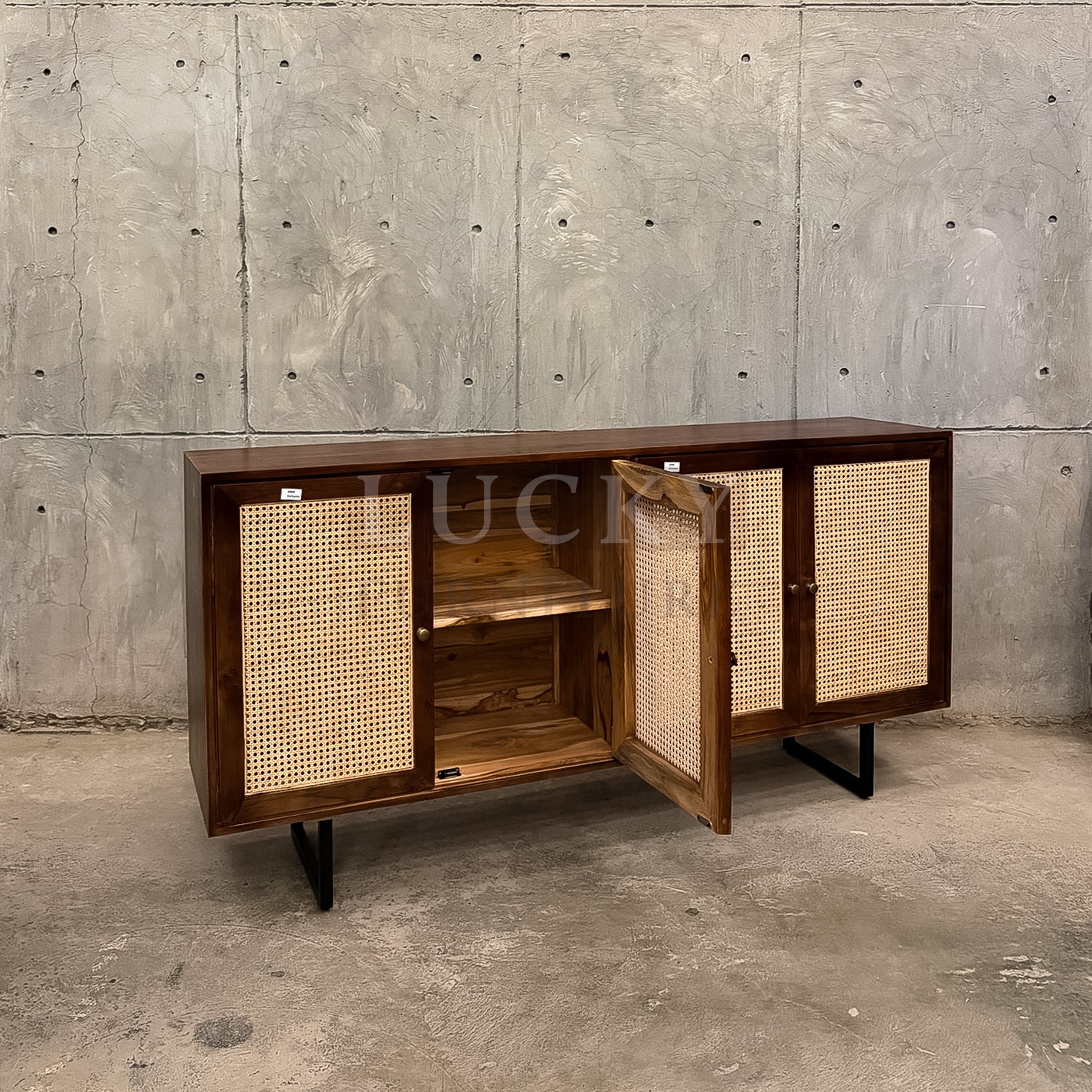 Teak wood rattan sideboard