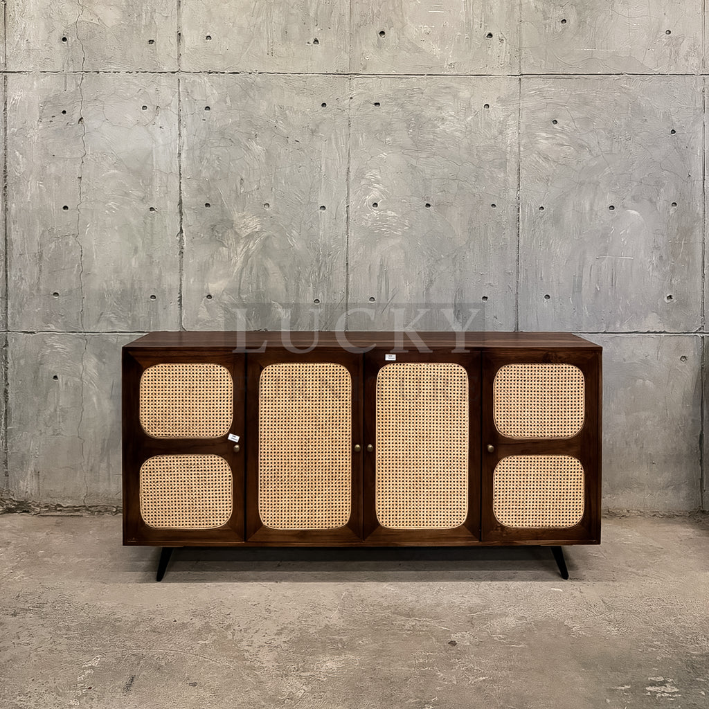 Teak wood rattan sideboard