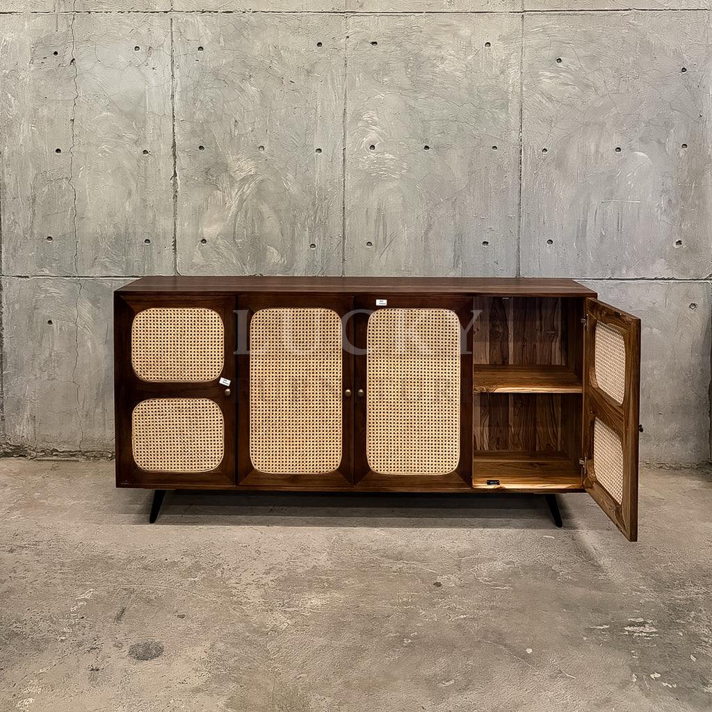 Teak wood rattan sideboard