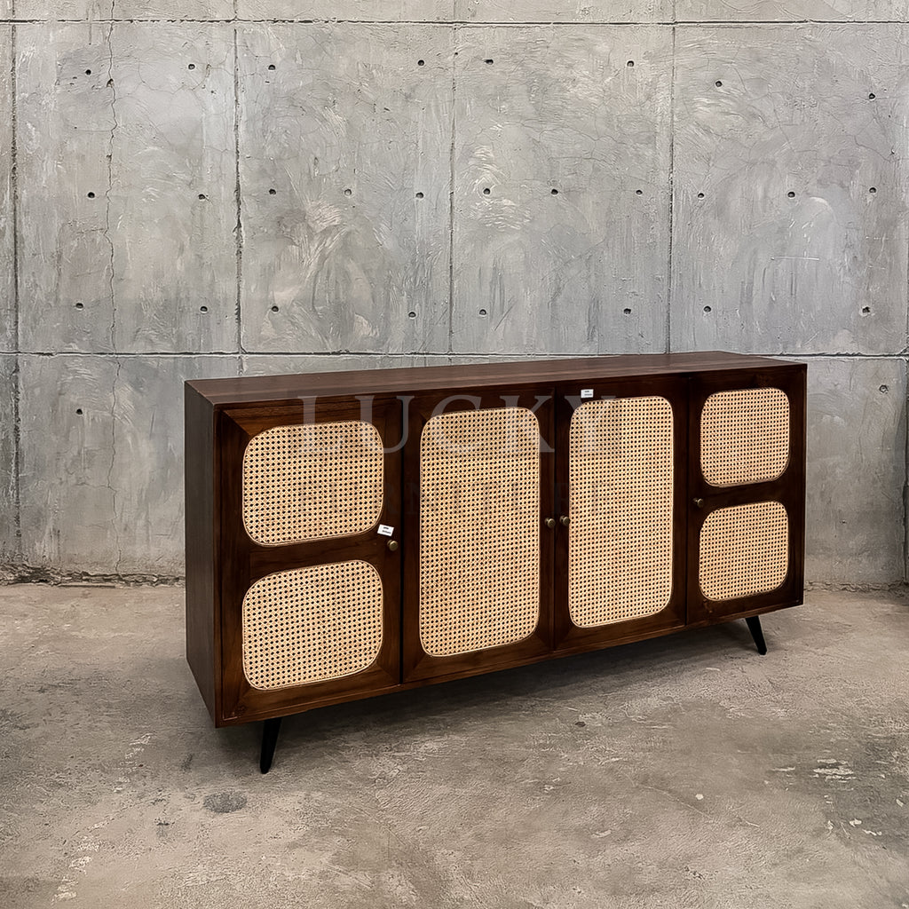 Teak wood rattan sideboard