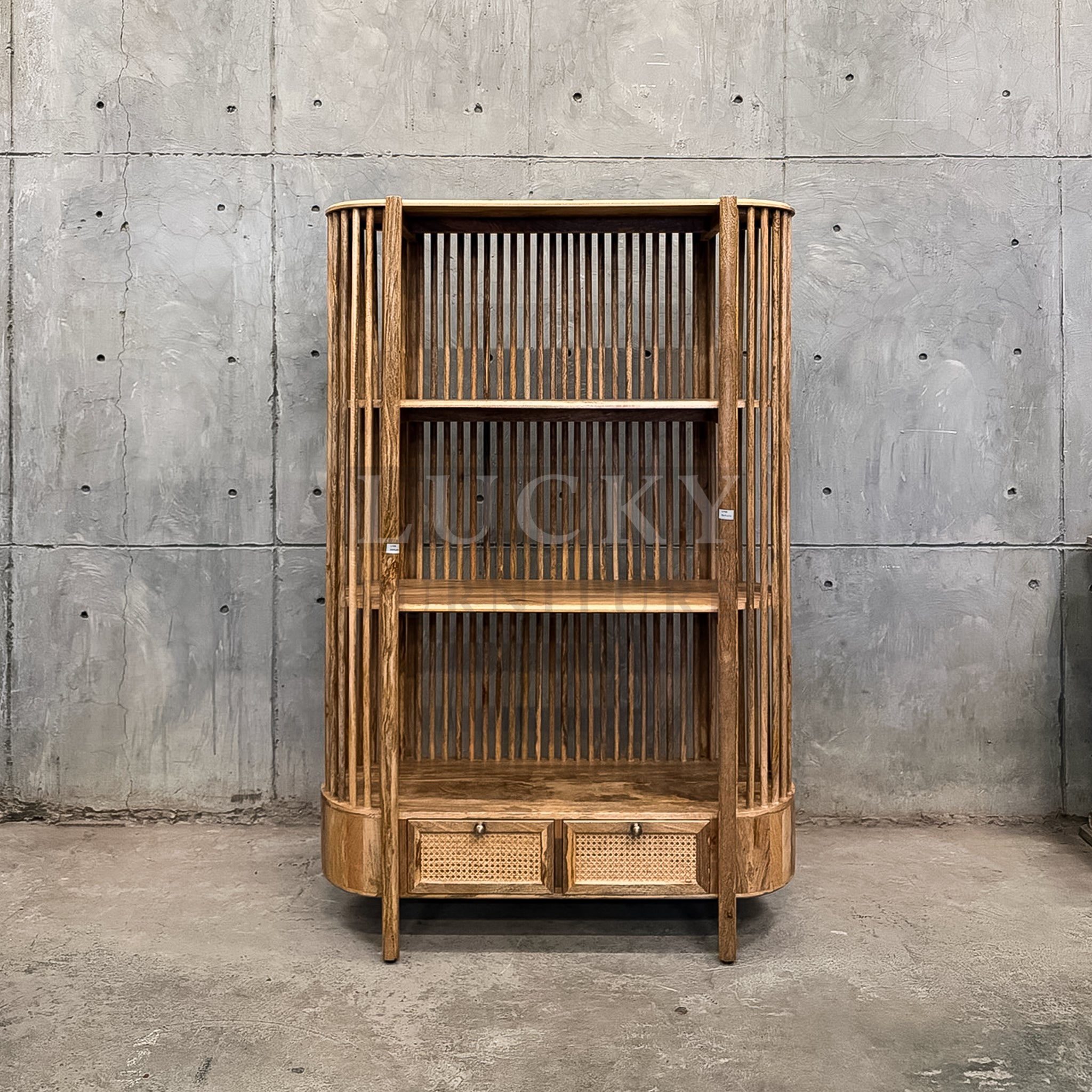 Mango wood rattan bookshelf with two drawers
