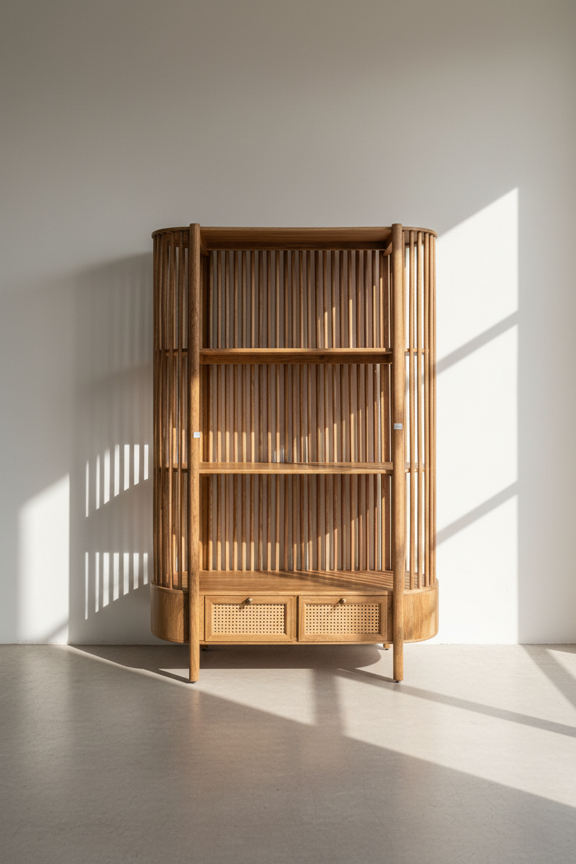 Mango wood rattan bookshelf with two drawers