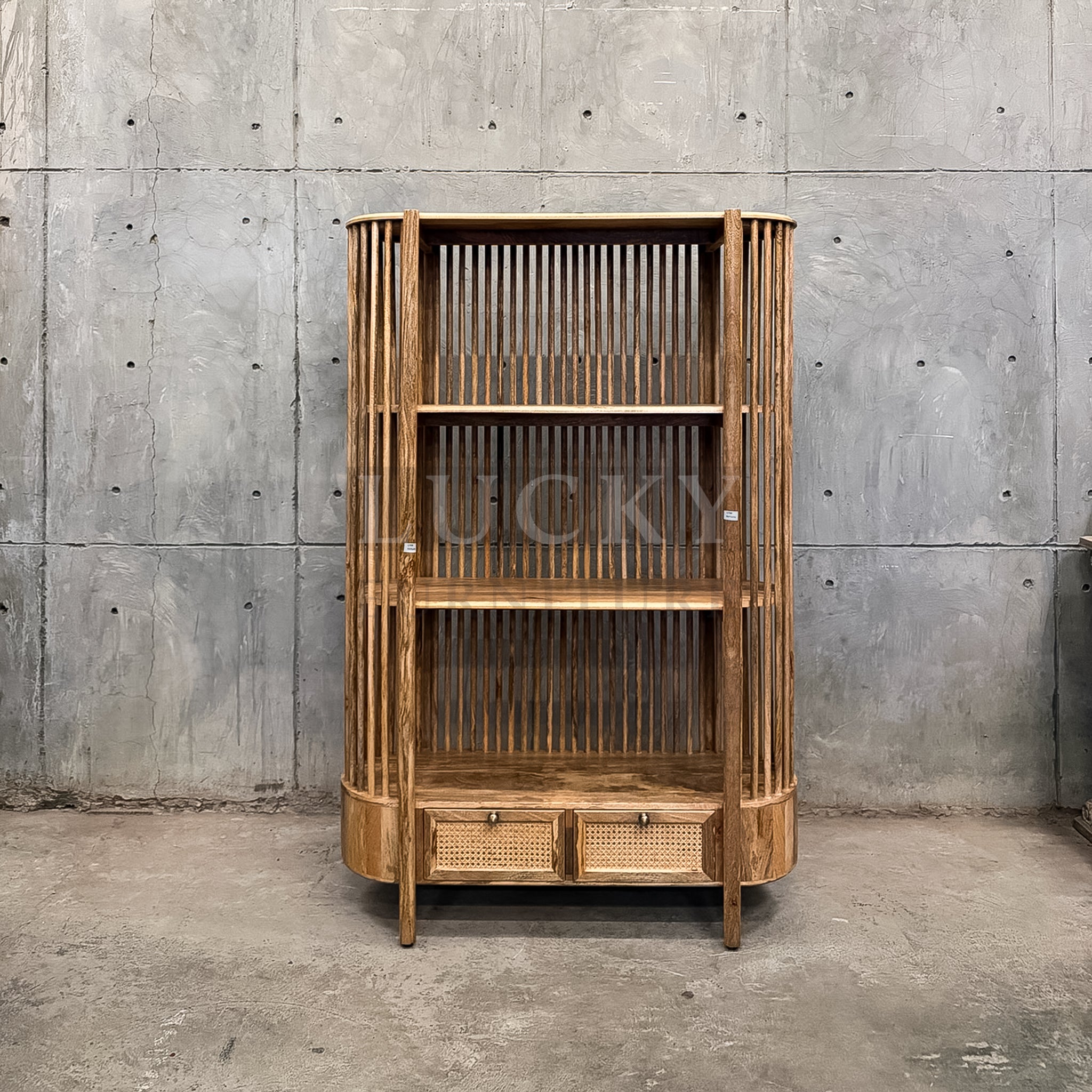 Mango wood rattan bookshelf with two drawers