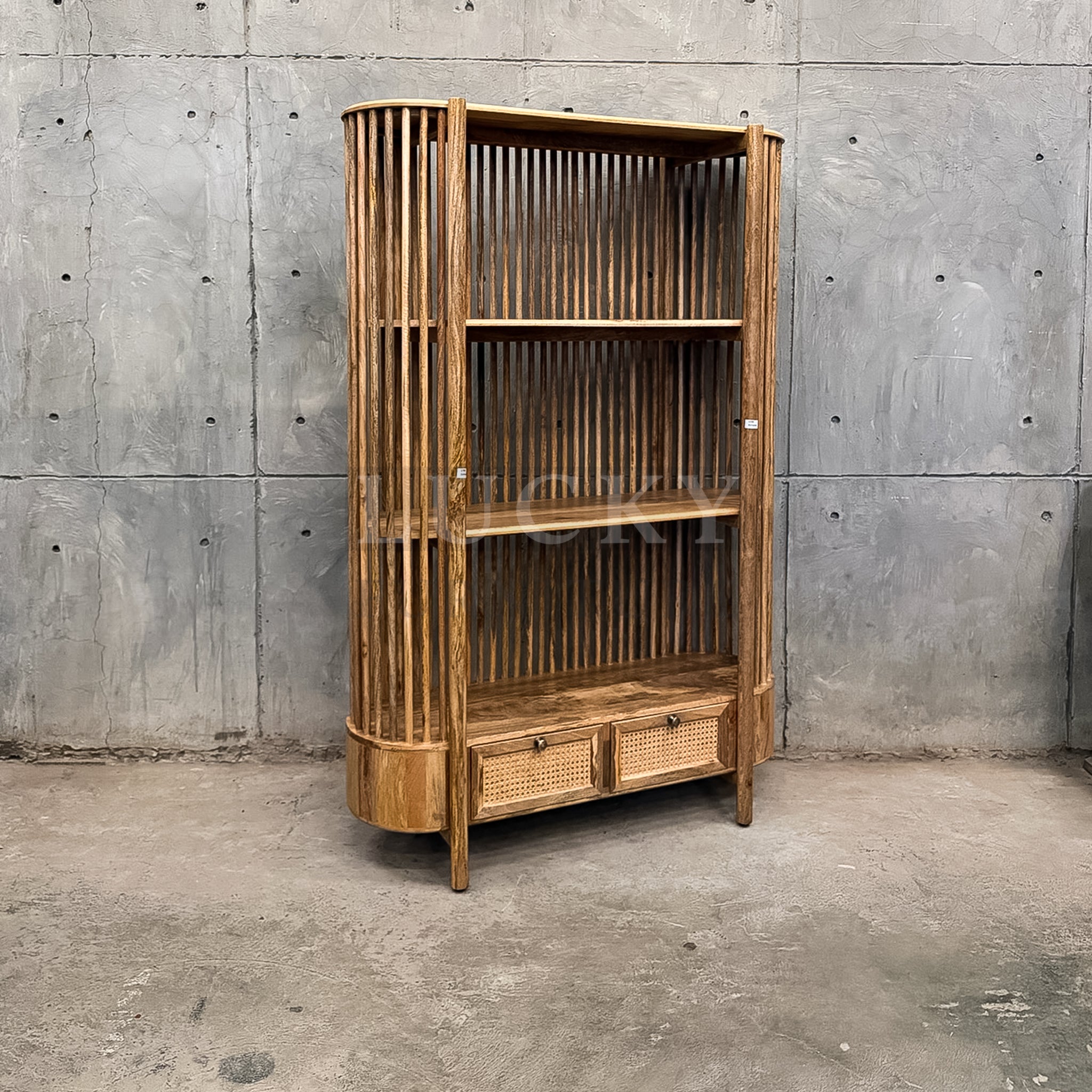 Mango wood rattan bookshelf with two drawers