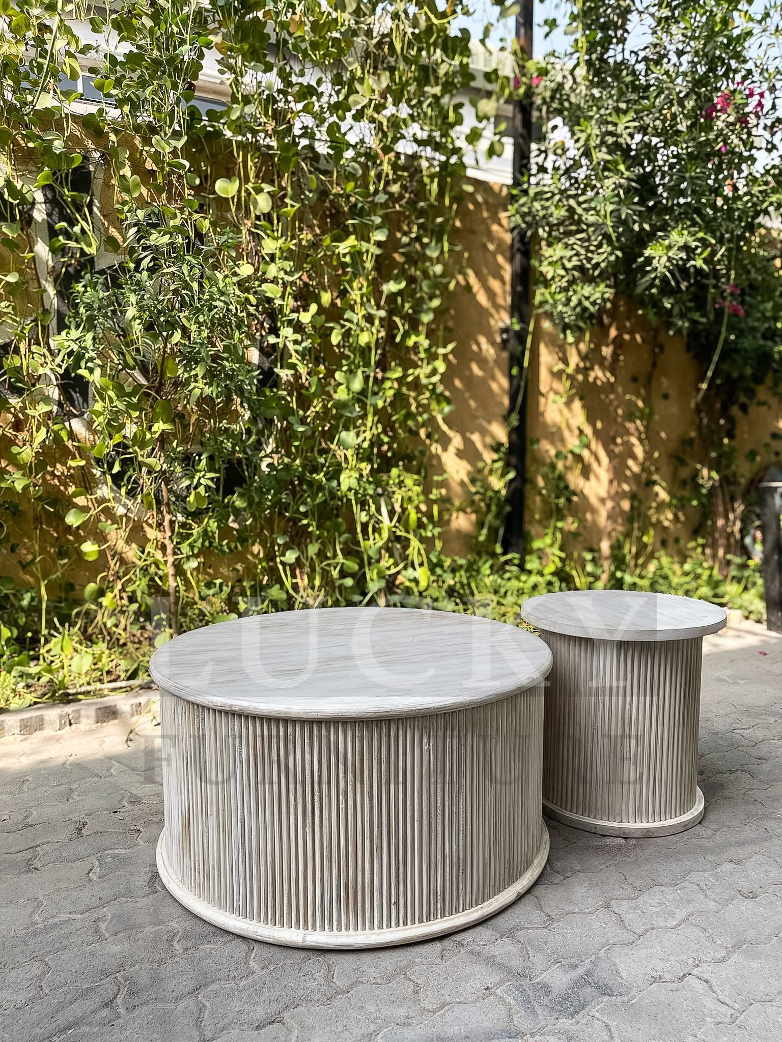 Fluted coffee table whitewash finish